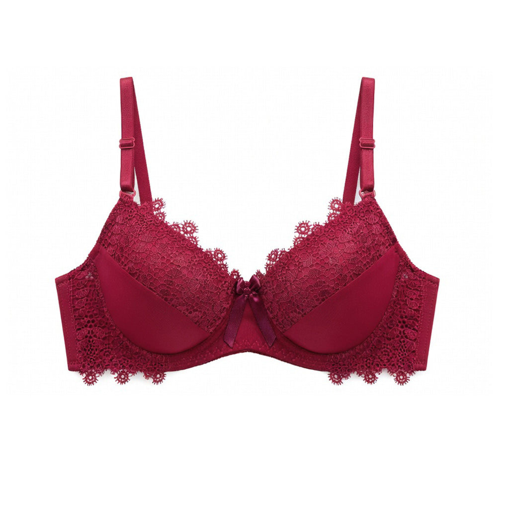 Women's Rose Red Floral Lace Padded Underwired Bra with Comfortable Full Coverage