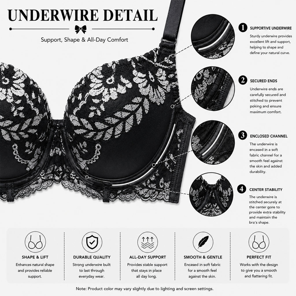 Women's Black & Silver Floral Lace Padded Underwired Bra with Comfortable Full Coverage