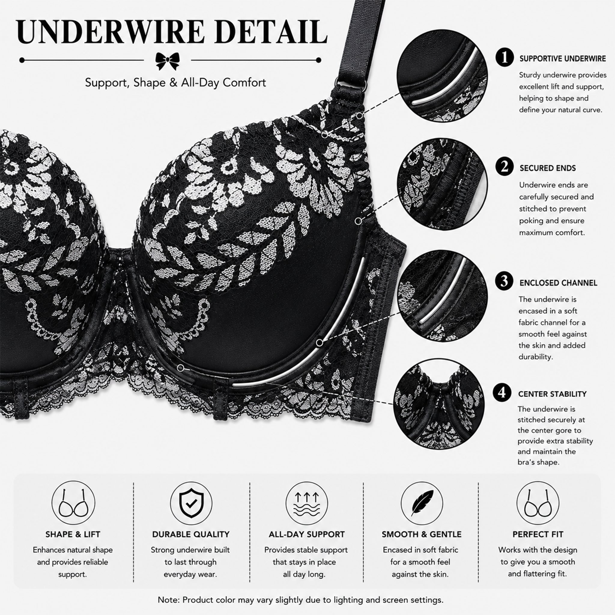 Women's Black & Silver Floral Lace Padded Underwired Bra with Comfortable Full Coverage
