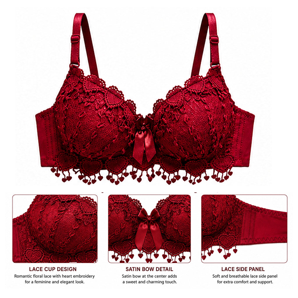 Women's Maroon Floral Lace Lightly Padded Underwired Bra with Comfortable Full Coverage