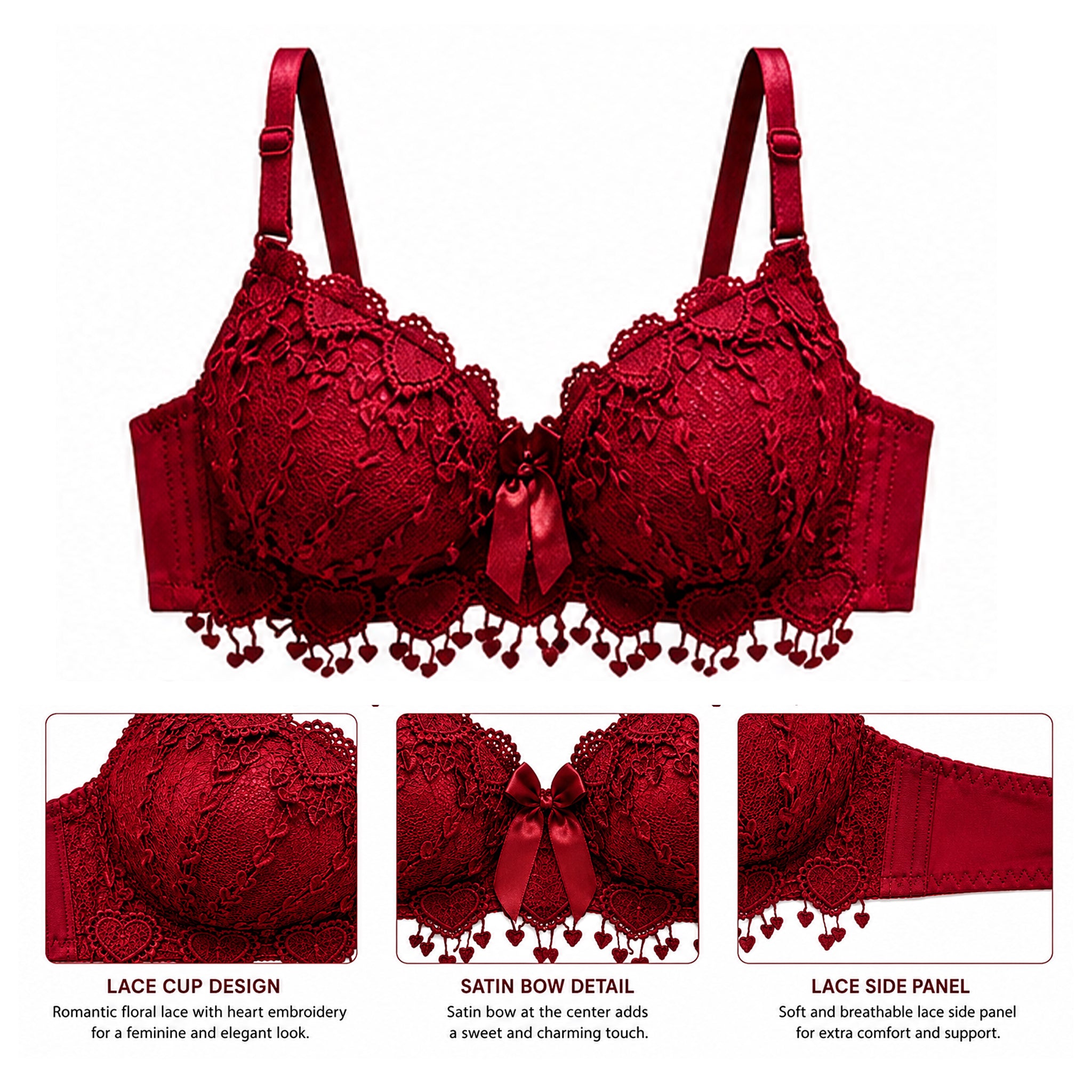 Women's Maroon Floral Lace Lightly Padded Underwired Bra with Comfortable Full Coverage