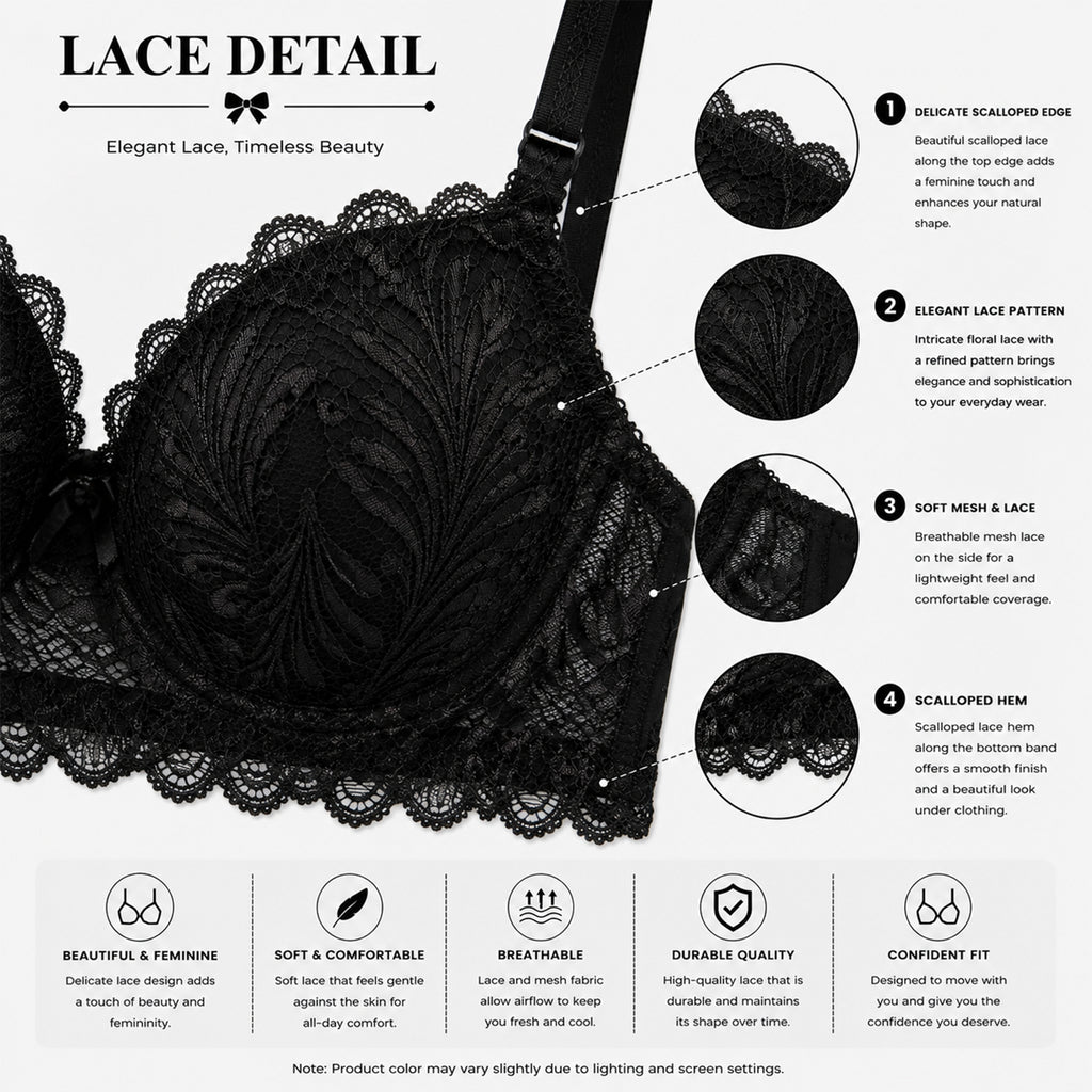 Women's Black Floral Lace Lightly Padded Underwired Bra & Panty Lingerie Set