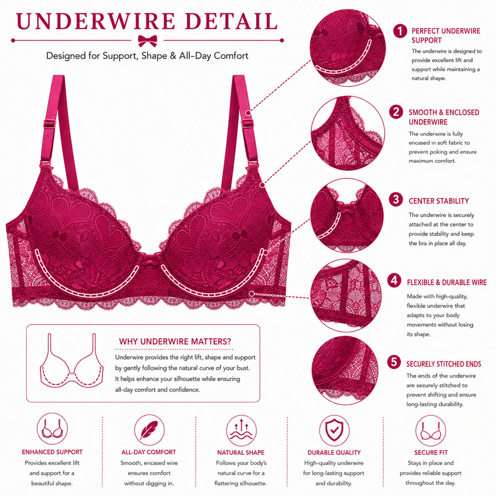 Women's Deep Rose Floral Lace Padded Underwired Bra with Comfortable Full Coverage