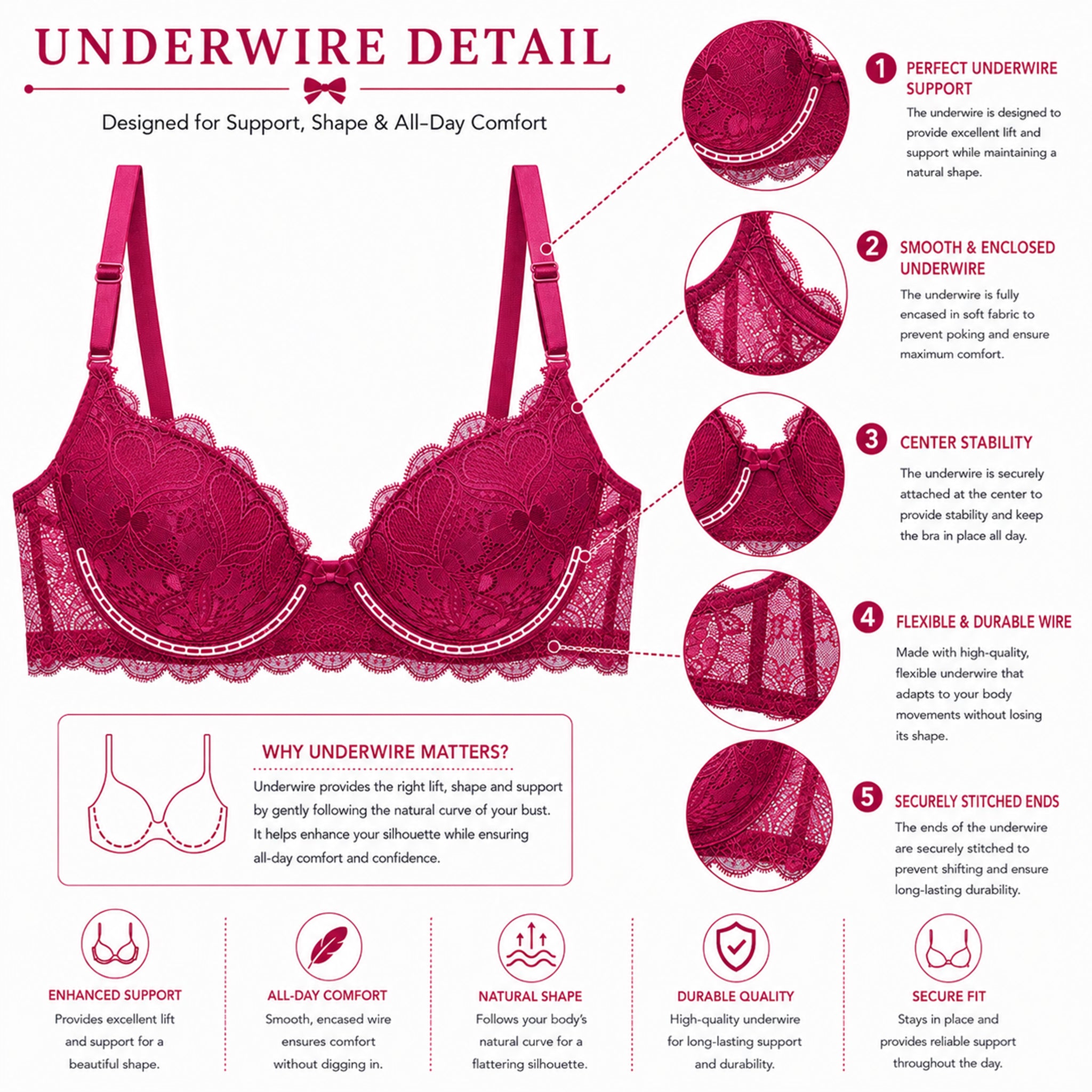 Women's Deep Rose Floral Lace Padded Underwired Bra with Comfortable Full Coverage