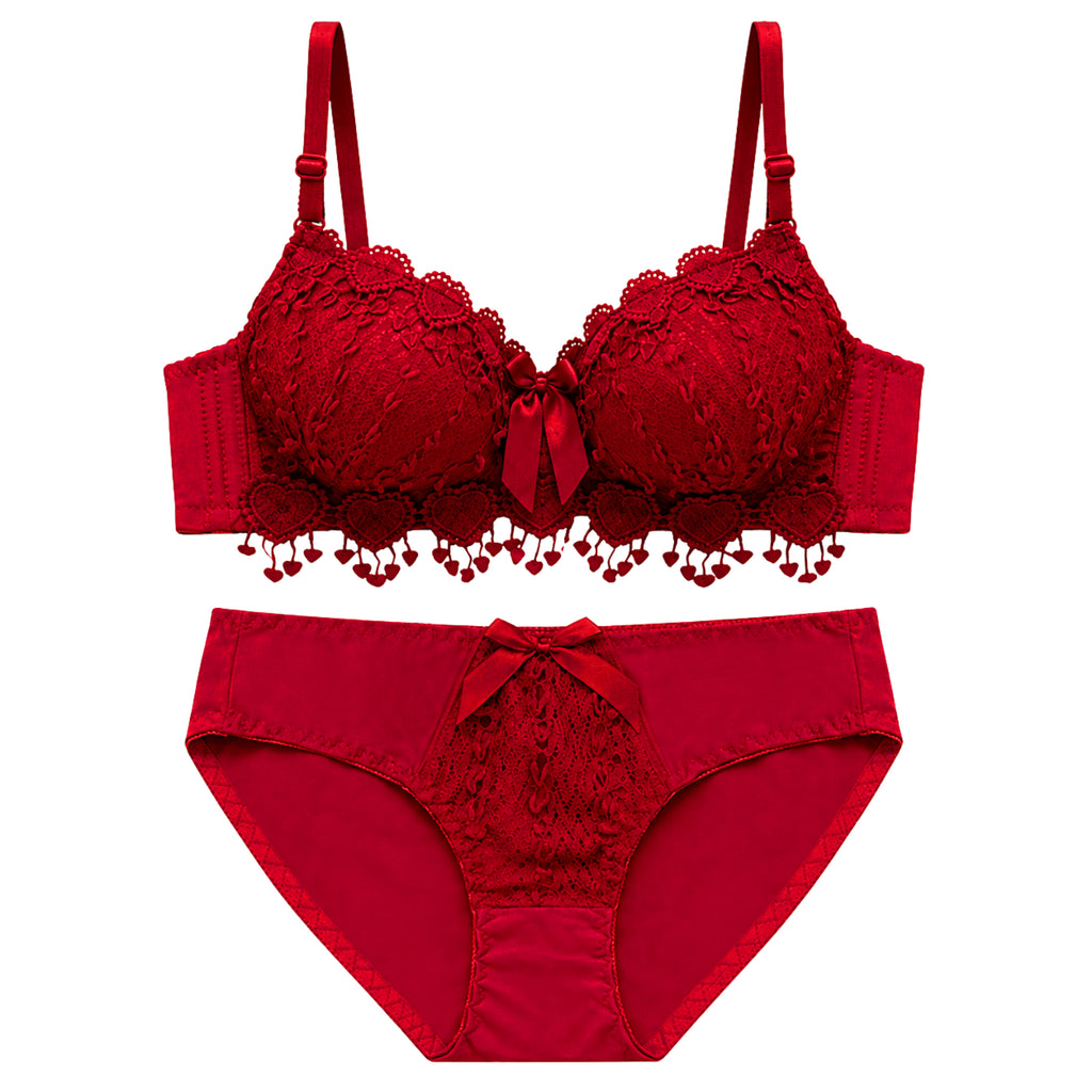 Women's Maroon Floral Lace Lightly Padded Bra & Matching Panty Lingerie Set