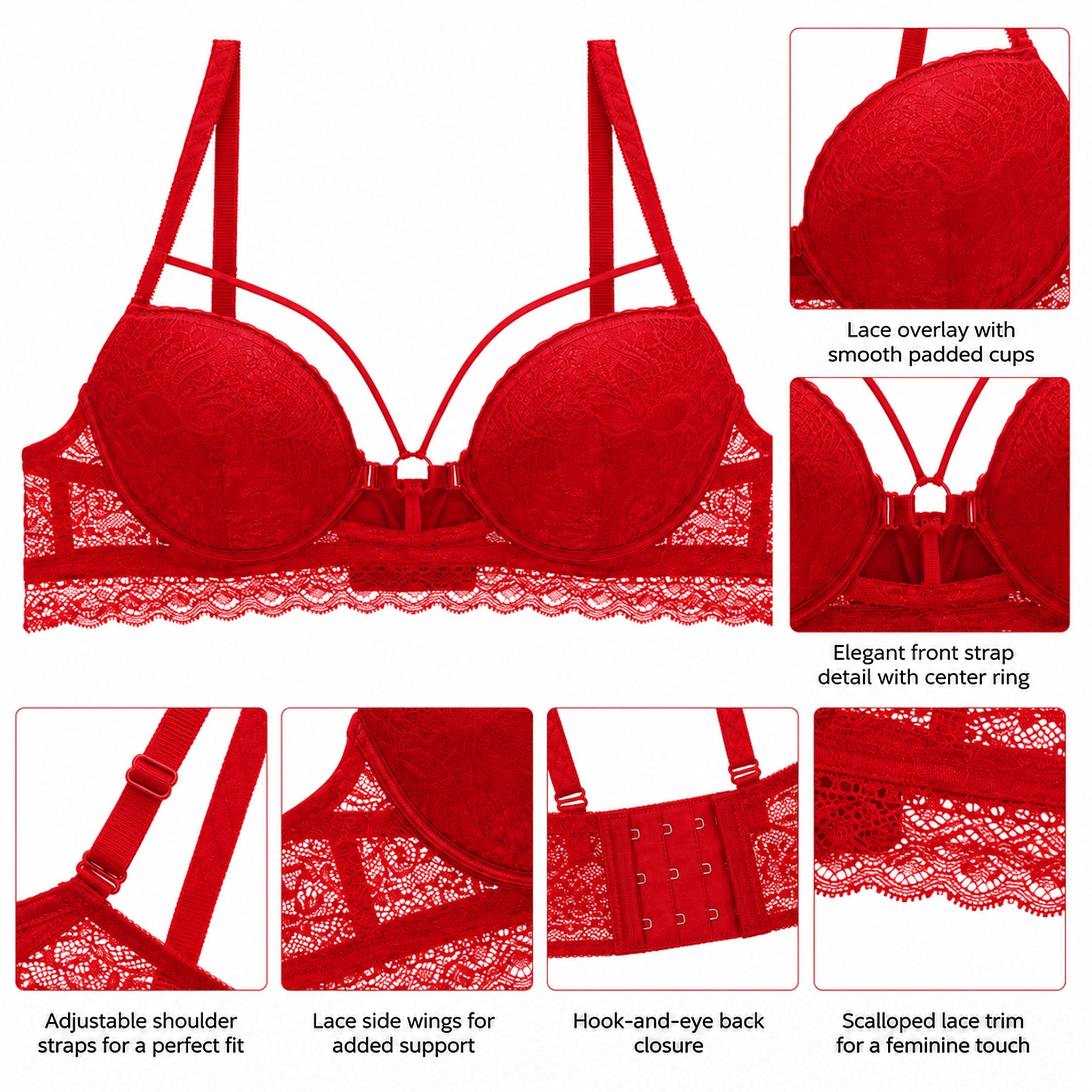 Women's Floral Lace Padded Underwired Bra with Comfortable Full Coverage - Red