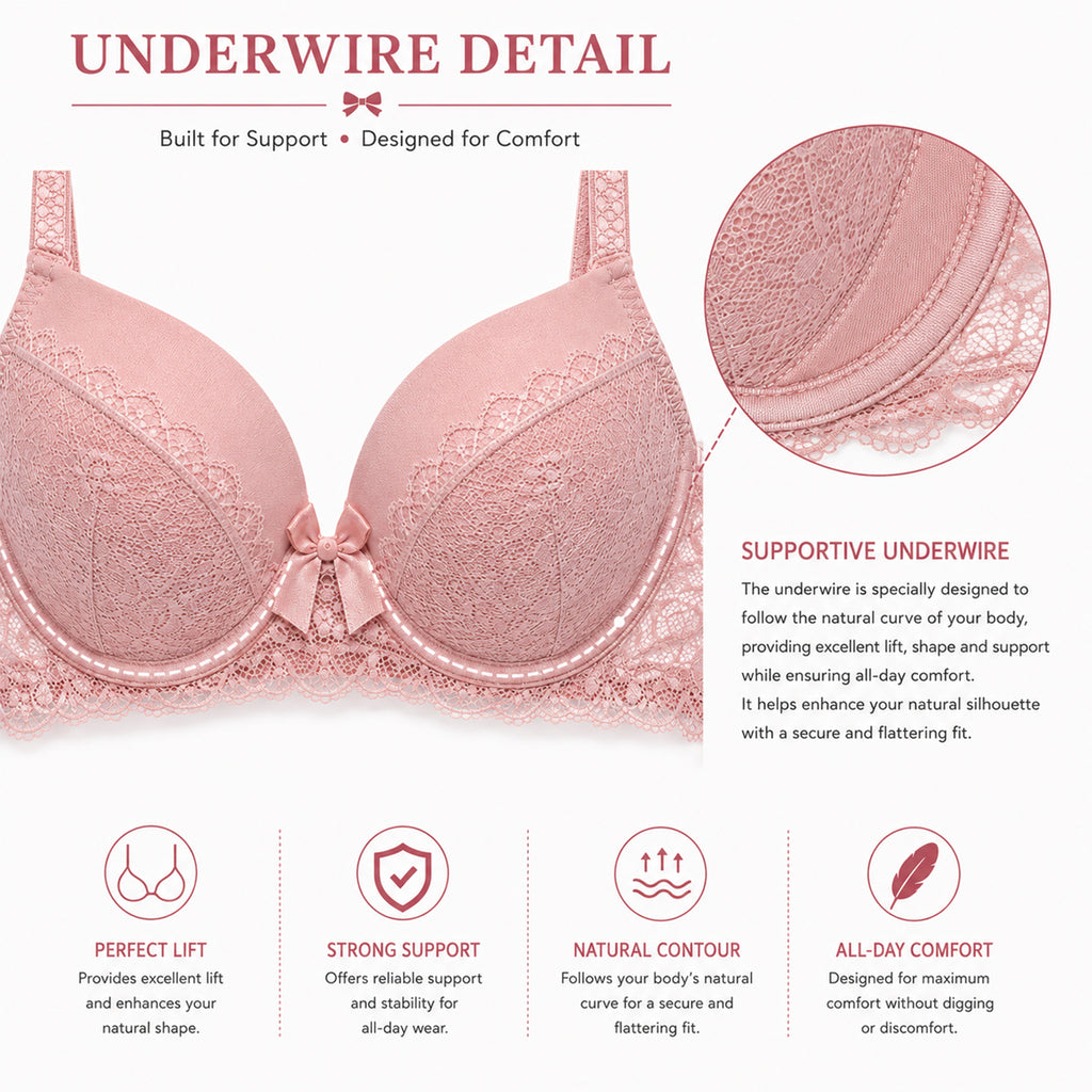 Women's Pink Floral Lace Padded Underwired Bra with Comfortable Full Coverage
