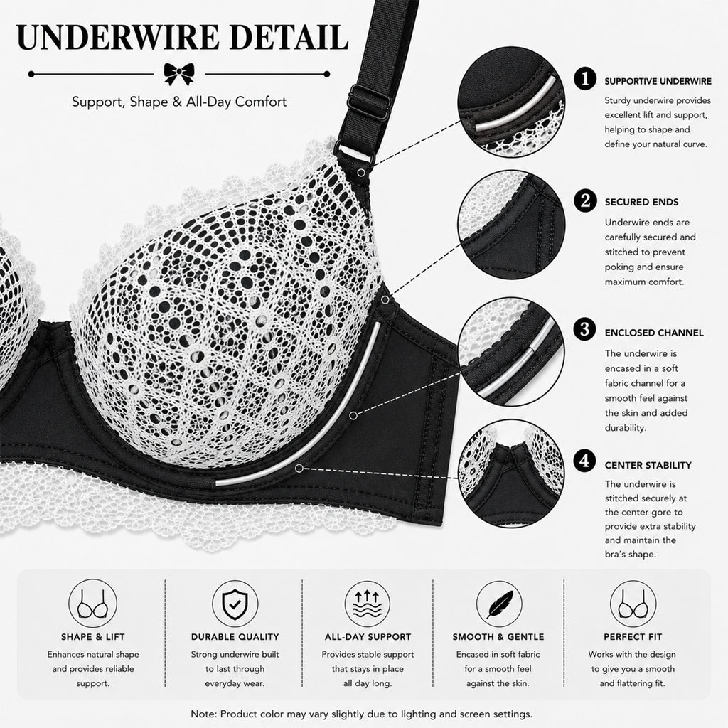 Women's Black & White Floral Lace Padded Underwired Bra with Comfortable Full Coverage