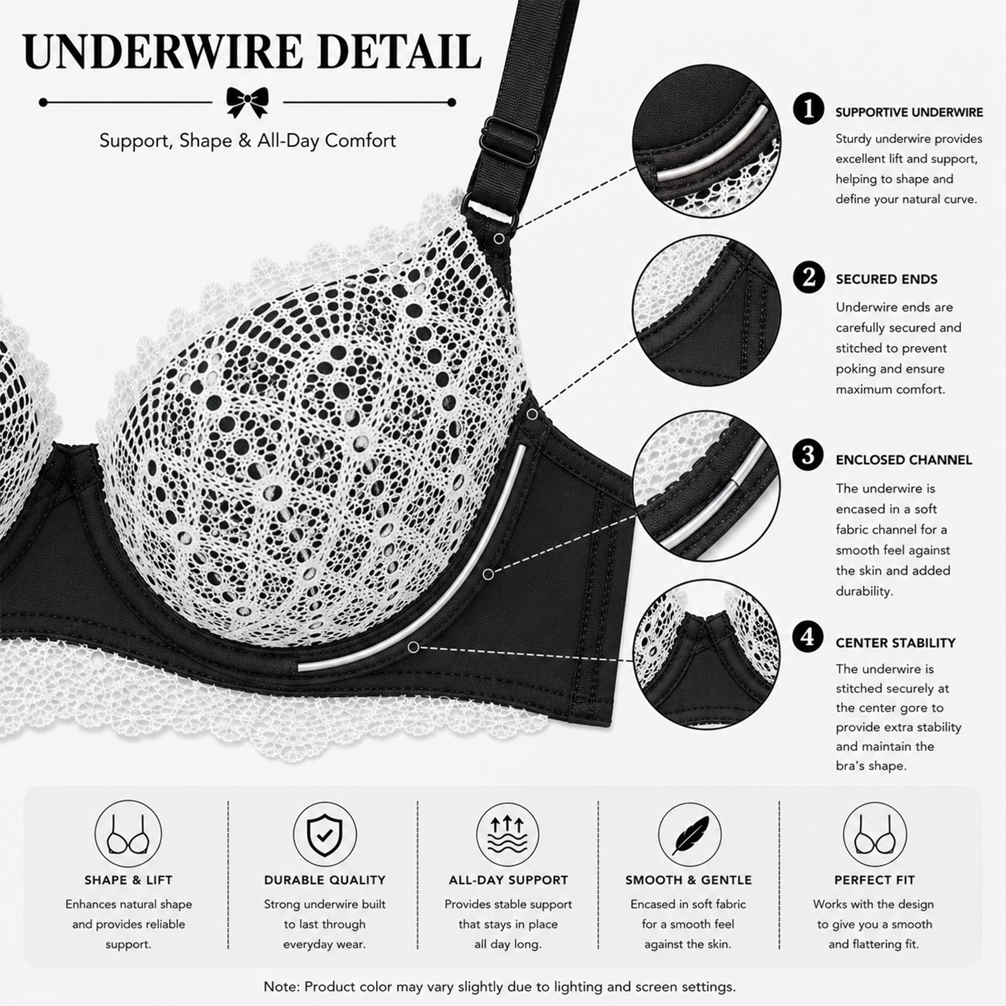 Women's Black & White Floral Lace Padded Underwired Bra with Comfortable Full Coverage