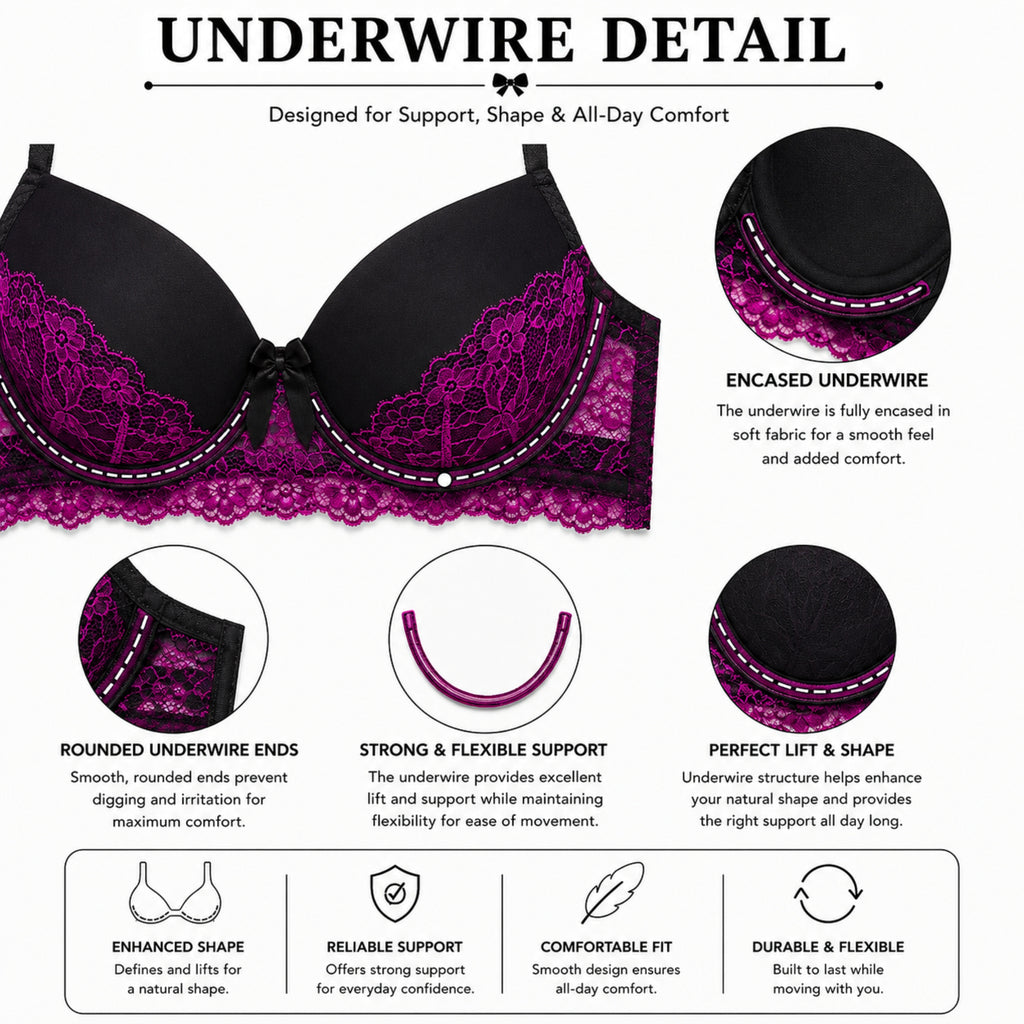 Women's Black & Purple Floral Lace Padded Underwired Bra with Comfortable Full Coverage