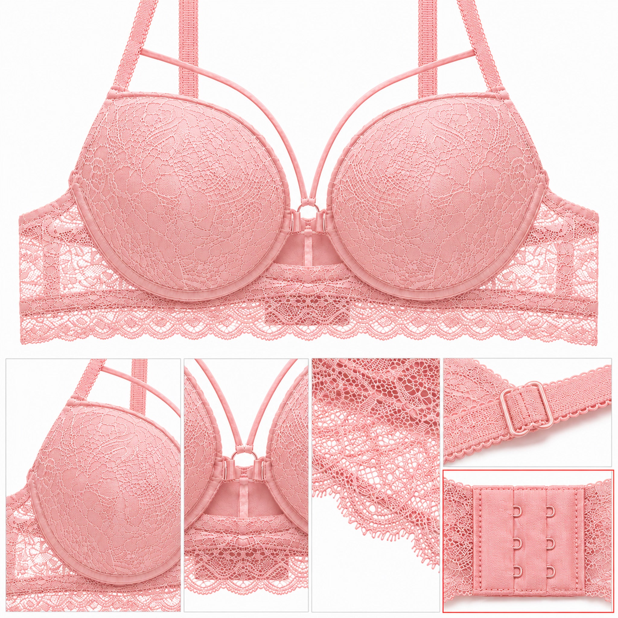 Women's Floral Lace Padded Underwired Bra with Comfortable Full Coverage - Pink