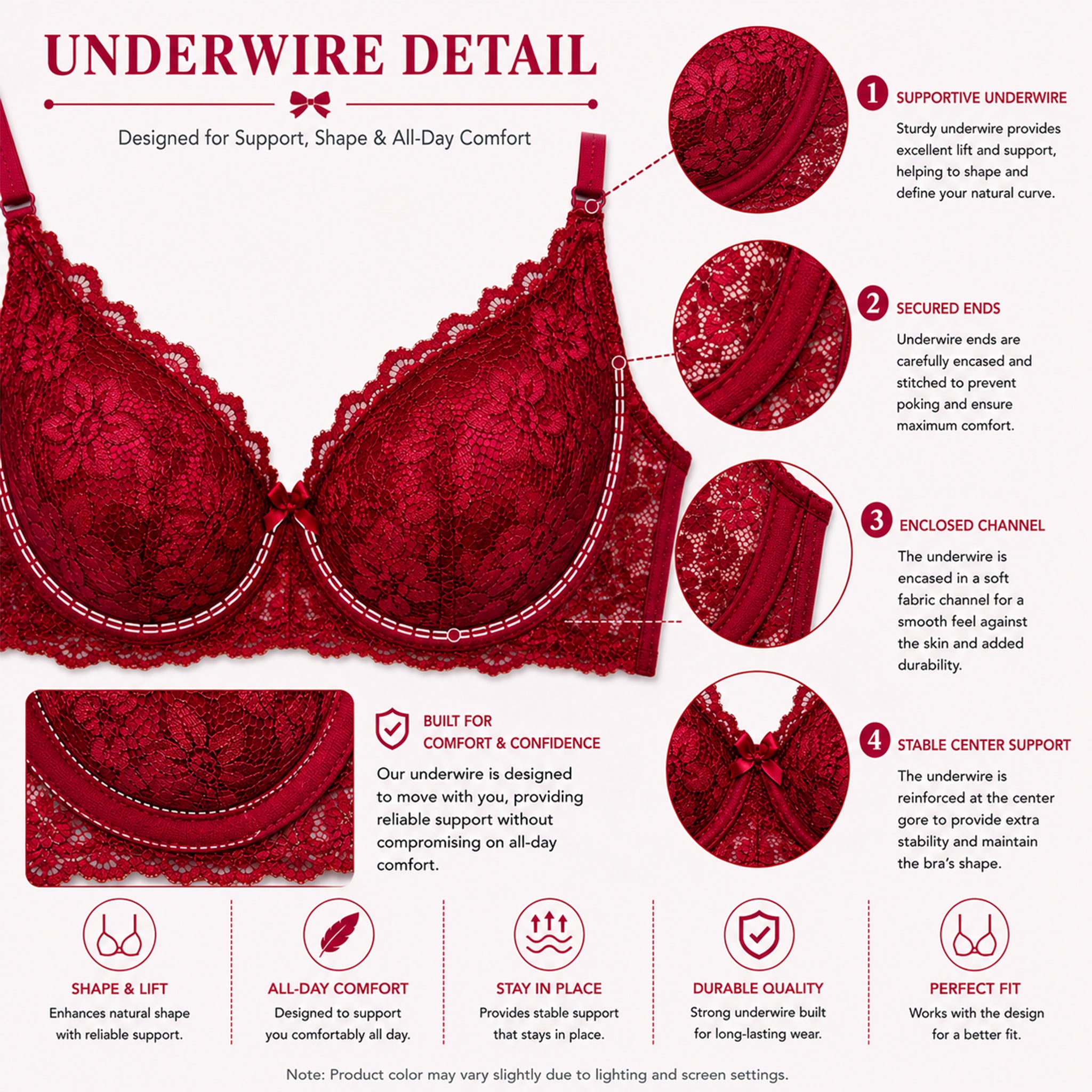 Women's Red Flower Lace Padded Underwired Bra with Comfortable Full Coverage