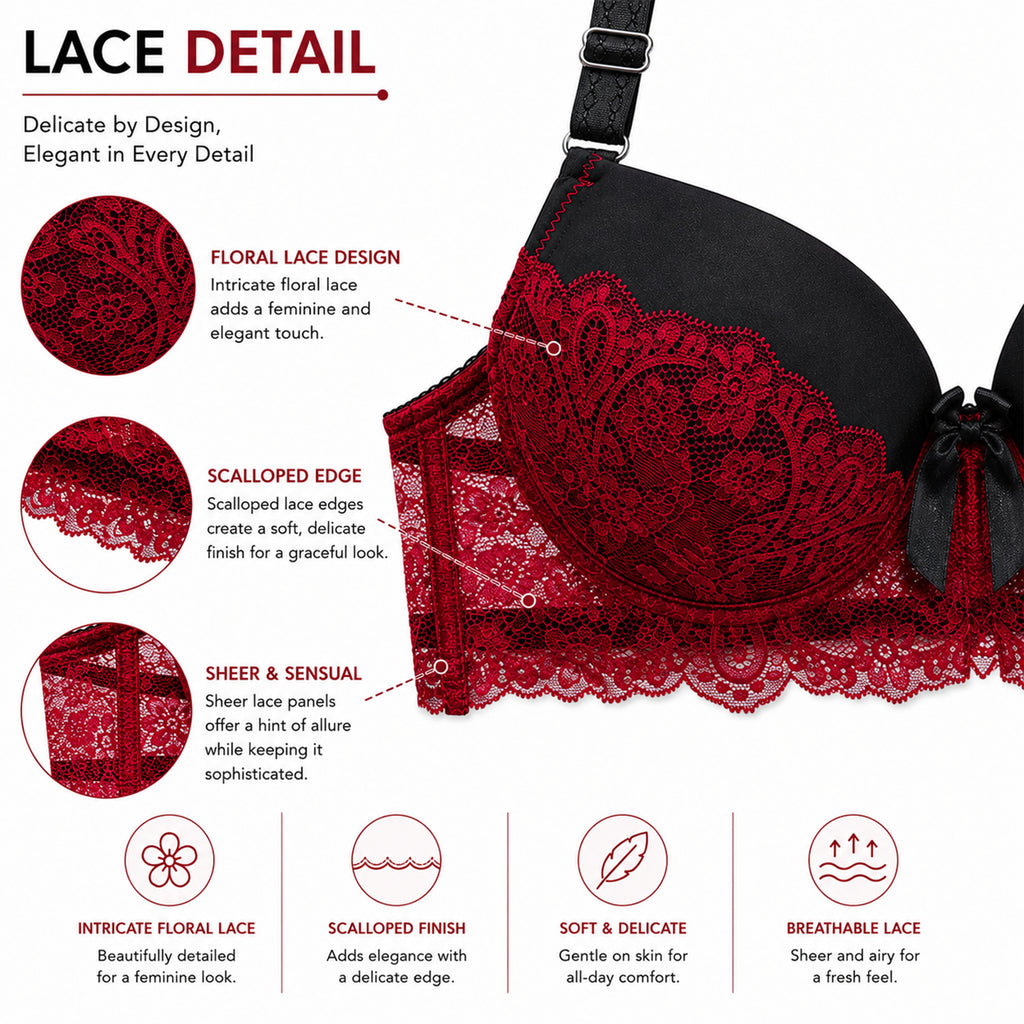 Women’s Lace Underwired Padded Bra & High-Cut Panty Lingerie Set – Red & Black