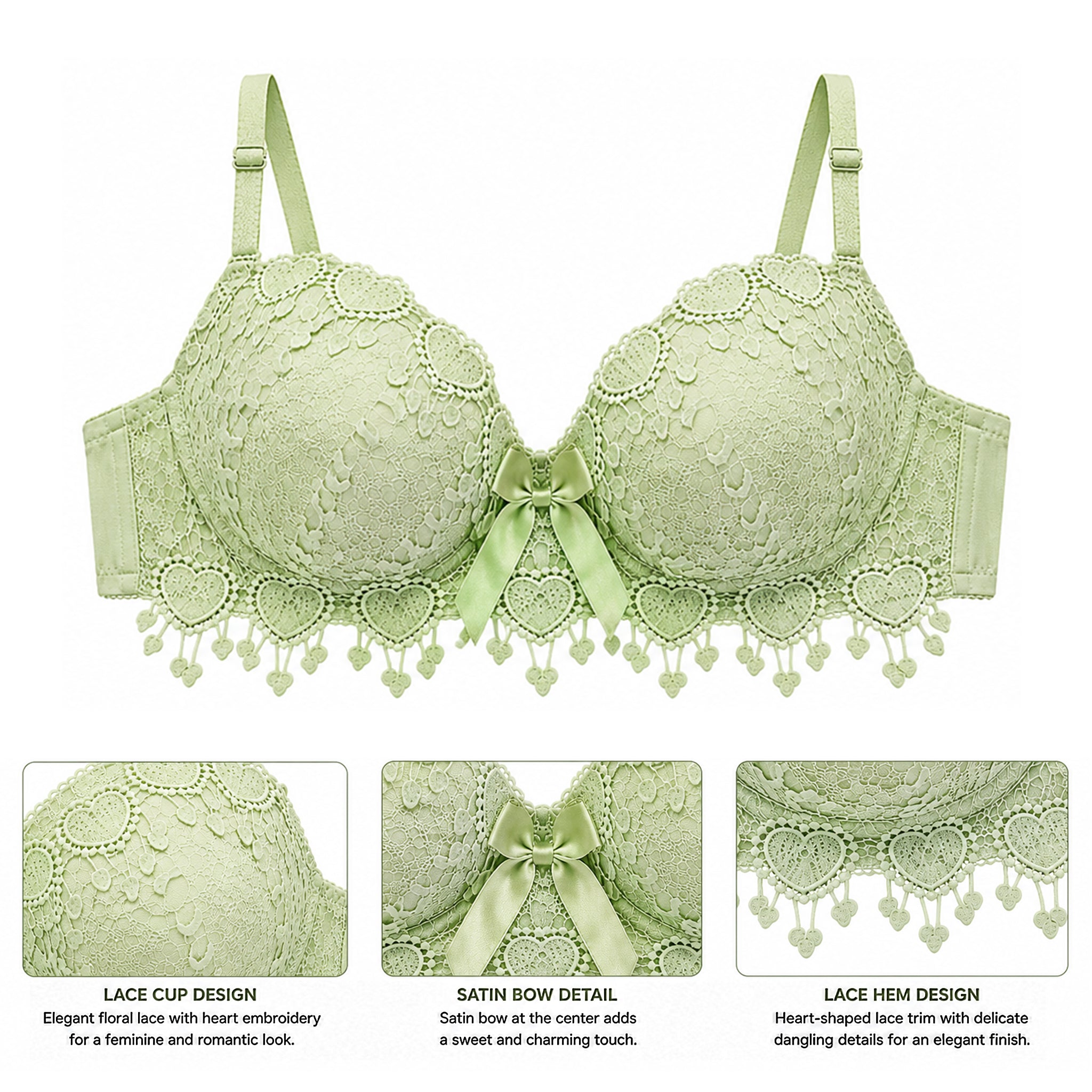 Women's Green Floral Lace Lightly Padded Underwired Bra with Comfortable Full Coverage