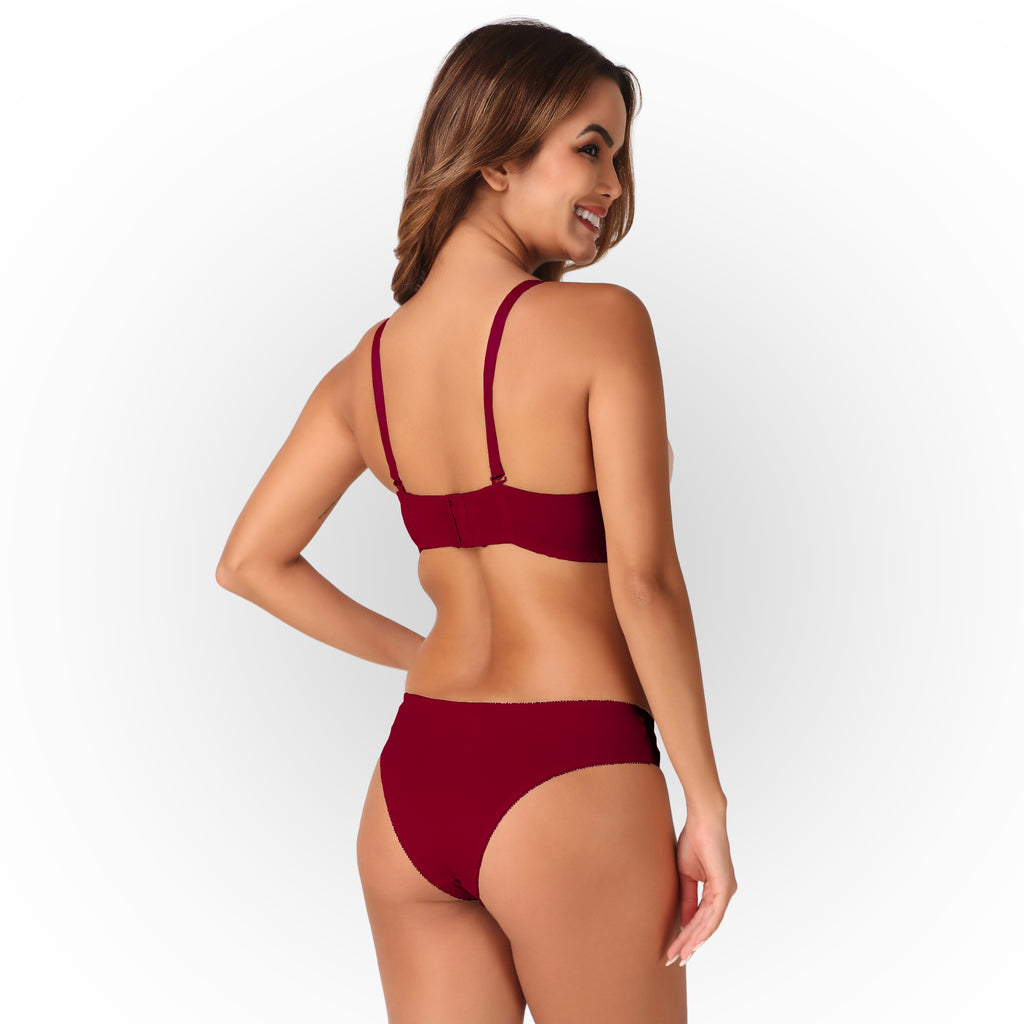 Women’s Full Coverage Heavily Padded Lace Bra & Panty Lingerie Set – Rose Red