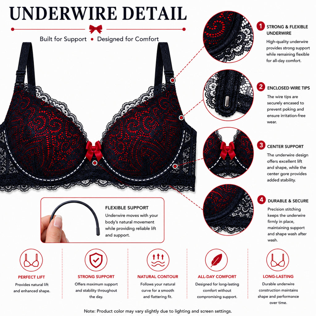 Women's Black & Berry Floral Lace Padded Underwired Bra with Comfortable Full Coverage