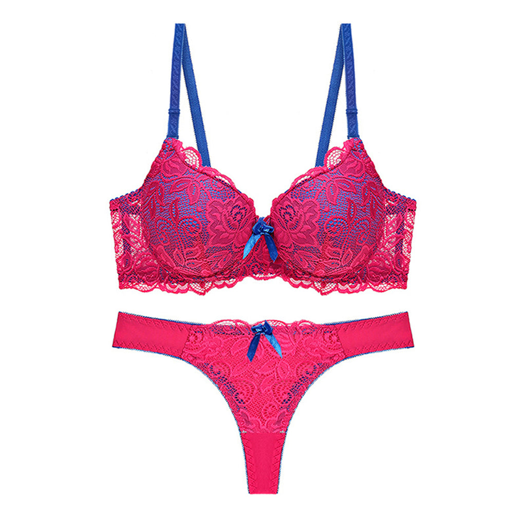 Women's Floral Lace Heavy Padded Underwired Bra & Thong Lingerie Set - Red & Blue