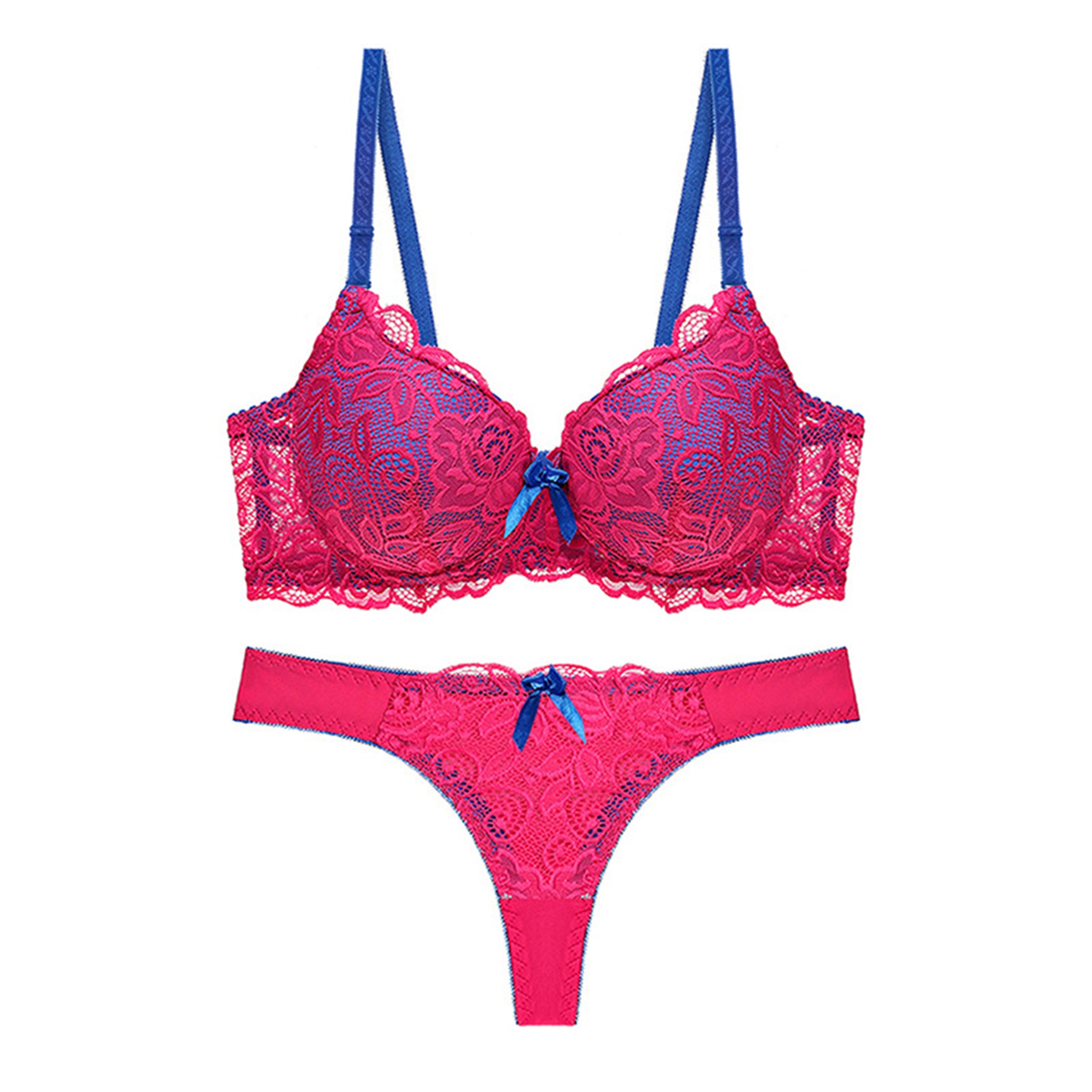 Women's Floral Lace Heavy Padded Underwired Bra & Thong Lingerie Set - Red & Blue