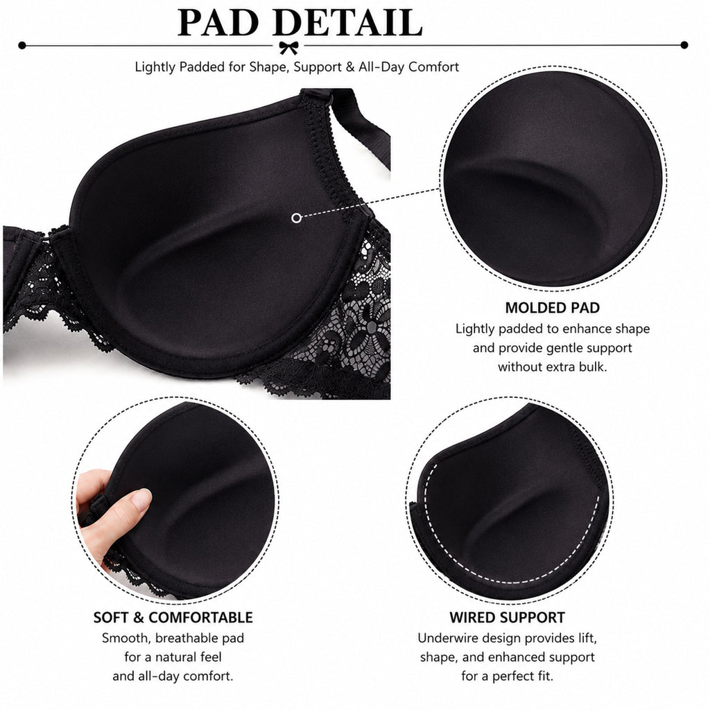 Women’s Lace Lightly Padded Underwired Bra & Mid-Rise Panty Lingerie Set – Black