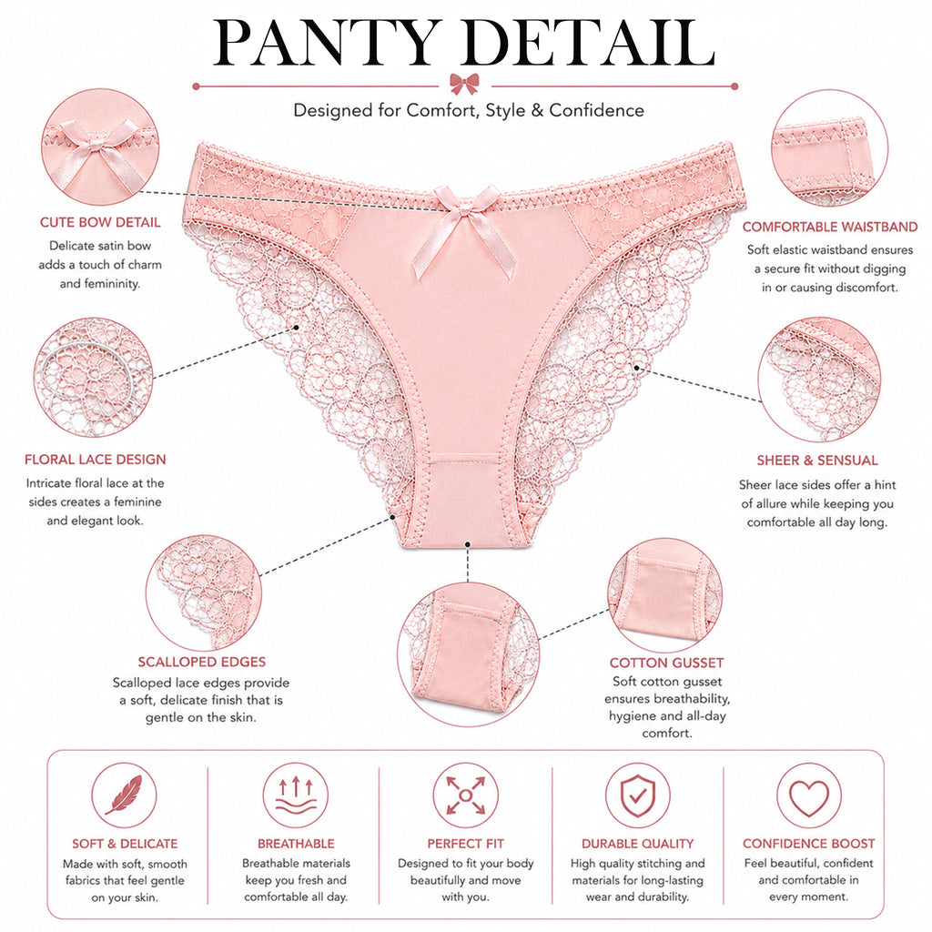 Women’s Floral Lace Underwired Padded Bra & Thong Lingerie Set – Baby Pink