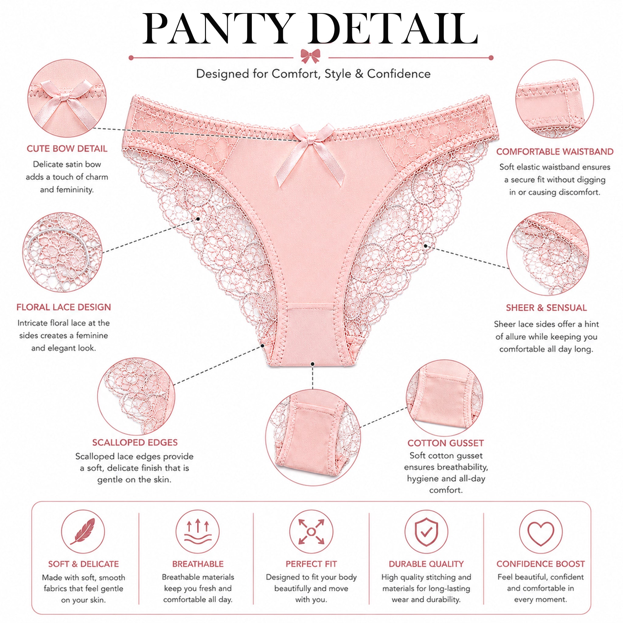 Women’s Floral Lace Underwired Padded Bra & Thong Lingerie Set – Baby Pink