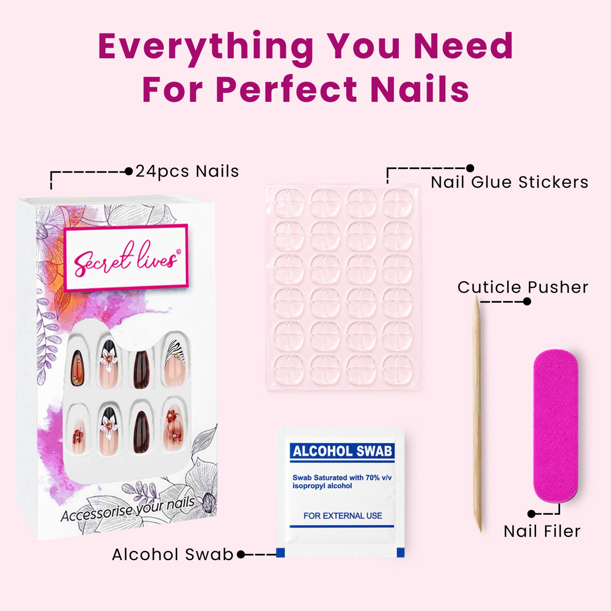 Almond Press-On Nails – 24-Piece 3D Flower & Tortoiseshell Nail Set