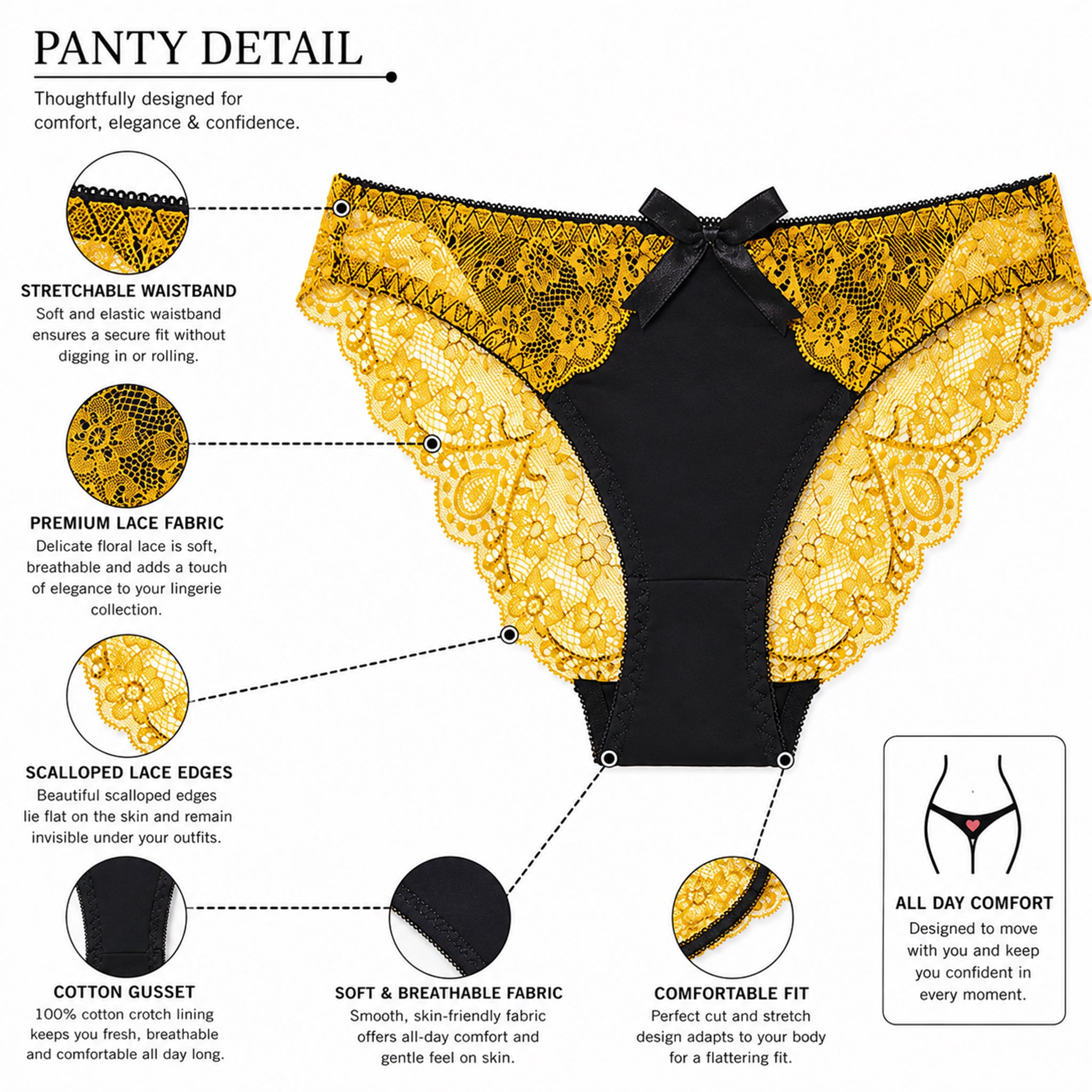 Women's Black & Yellow Floral Lace Lightly Padded Underwired Bra & Mid-Rise Panty Lingerie Set
