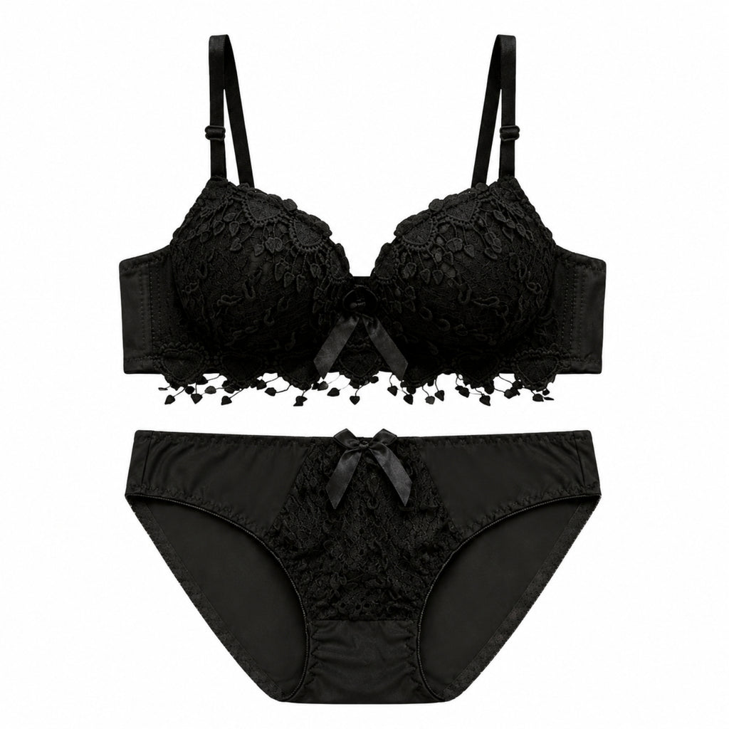 Women's Black Floral Lace Lightly Padded Bra & Matching Panty Lingerie Set