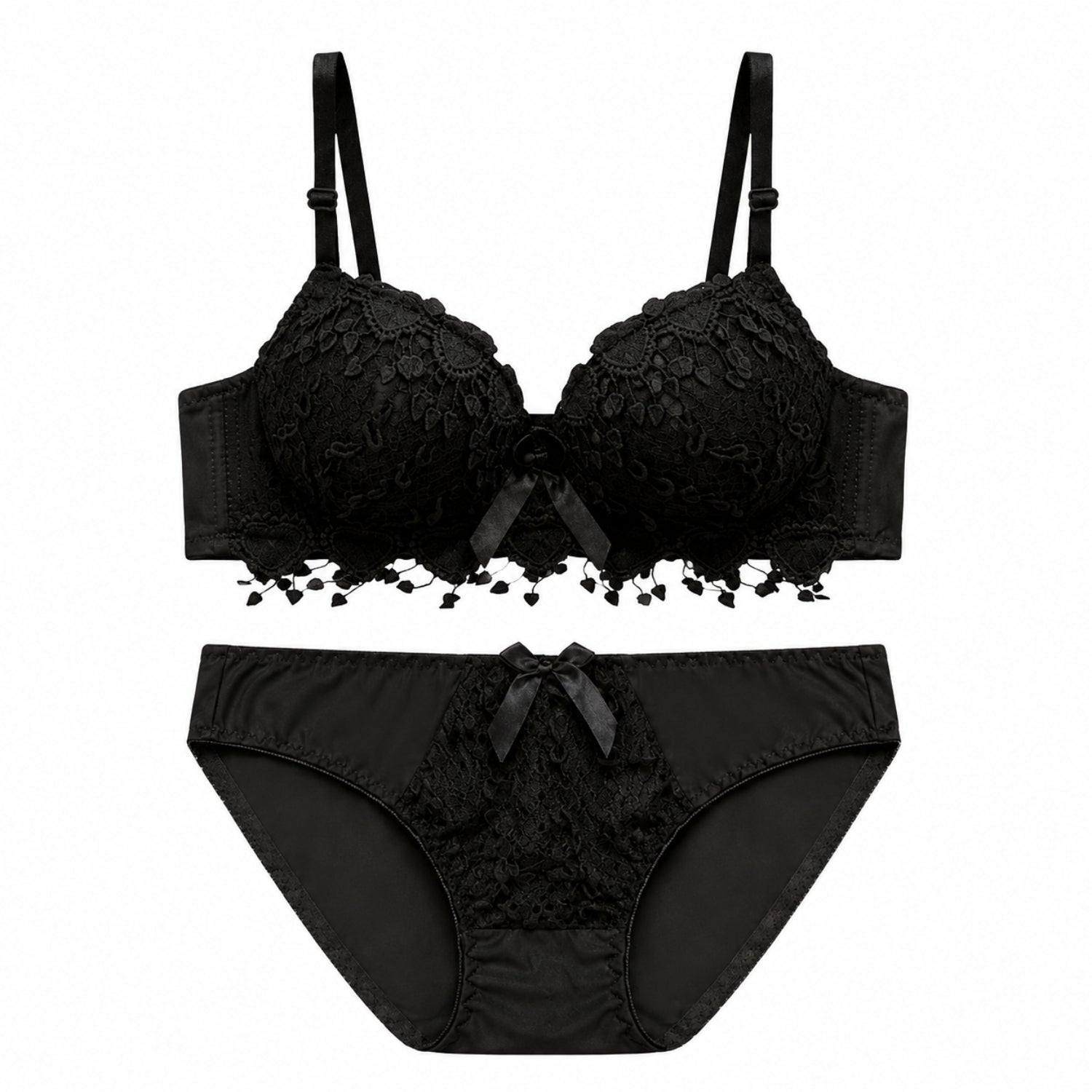 Women's Black Floral Lace Lightly Padded Bra & Matching Panty Lingerie Set