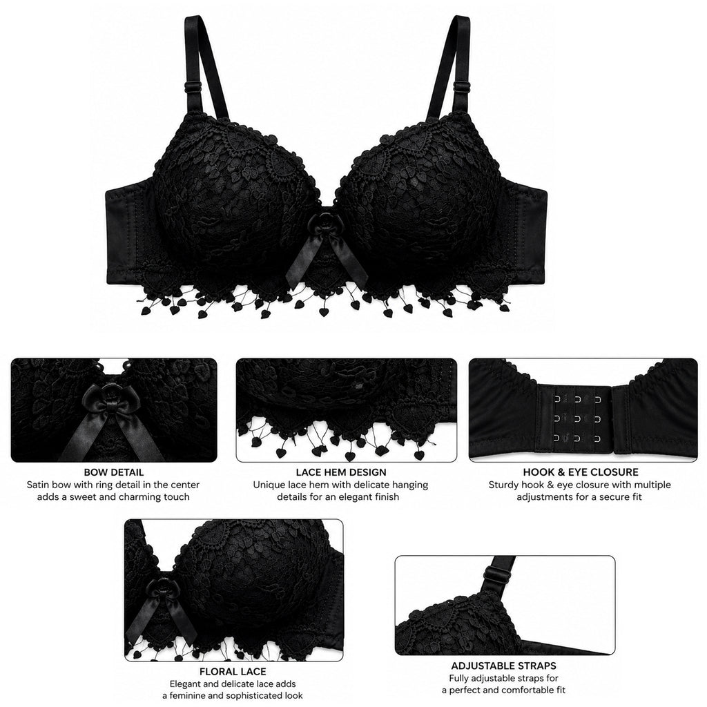 Women's Black Floral Lace Lightly Padded Underwired Bra with Comfortable Full Coverage