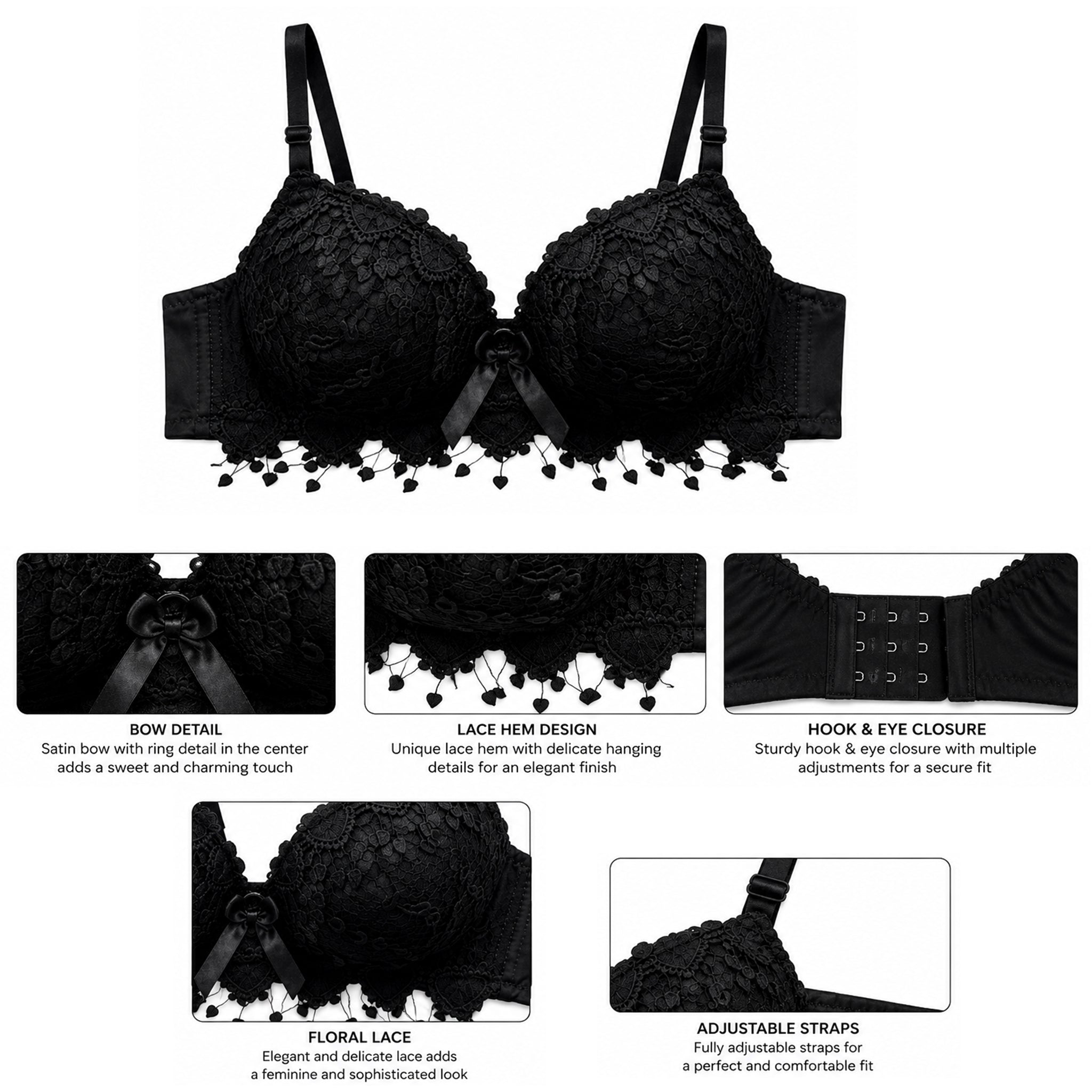 Women's Black Floral Lace Lightly Padded Underwired Bra with Comfortable Full Coverage