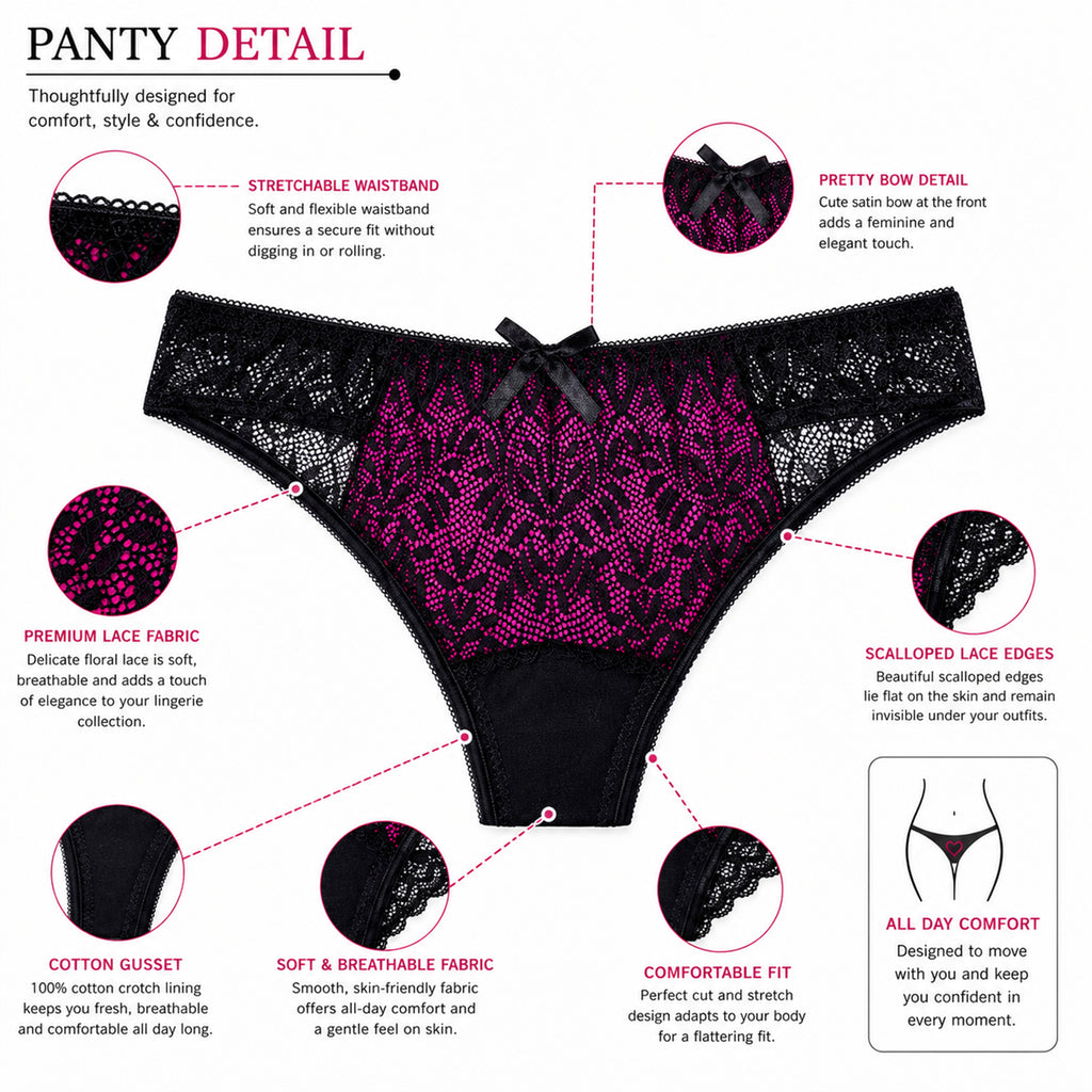 Women's Pink & Black Floral Lace Padded Underwired Bra & Thong Lingerie Set