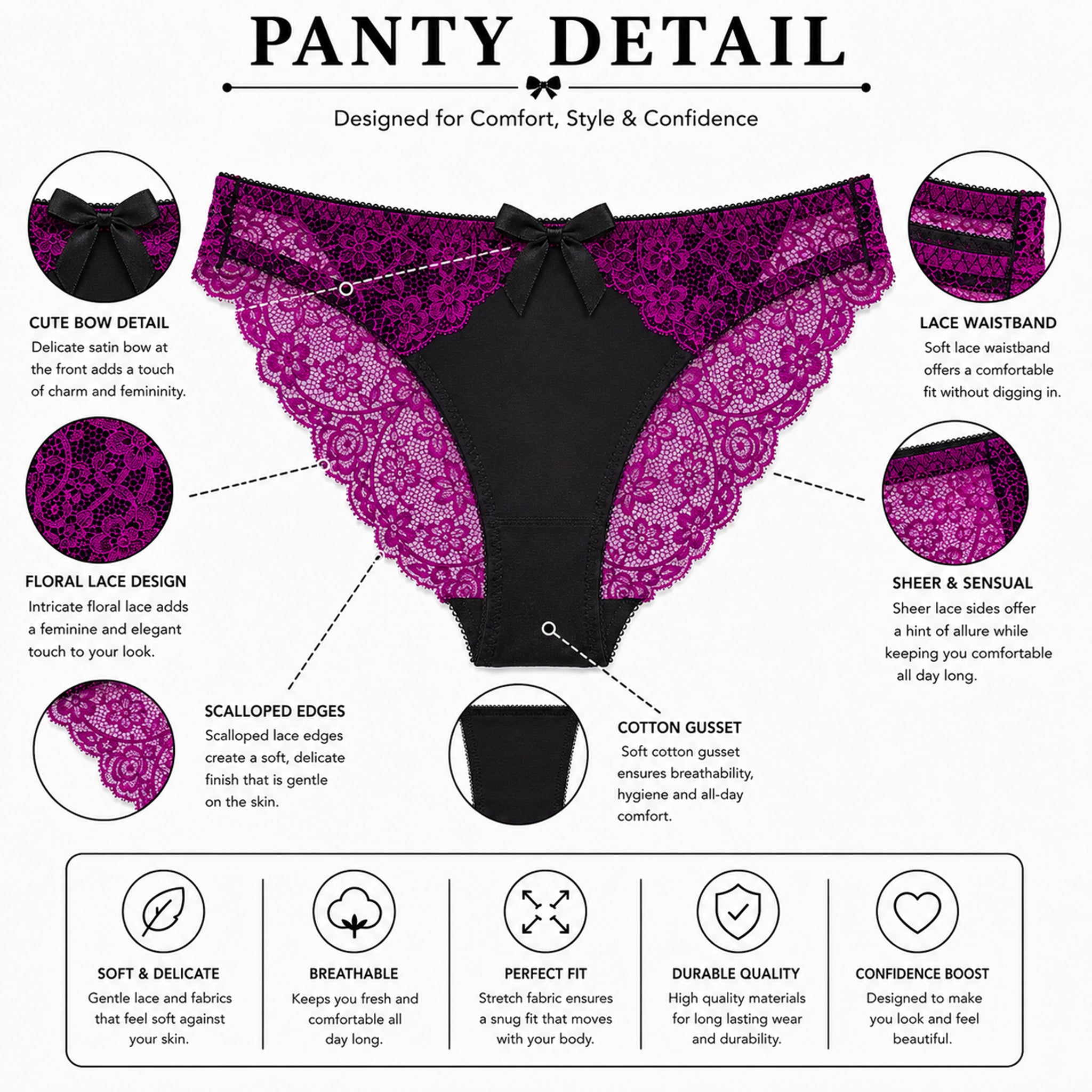 Women's Black & Purple Lace Lightly Padded Underwired Bra & Panty Lingerie Set