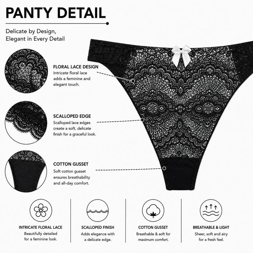 Women’s Self Design Lace Underwired Bra & Bikini Panty Lingerie Set –  Black & White