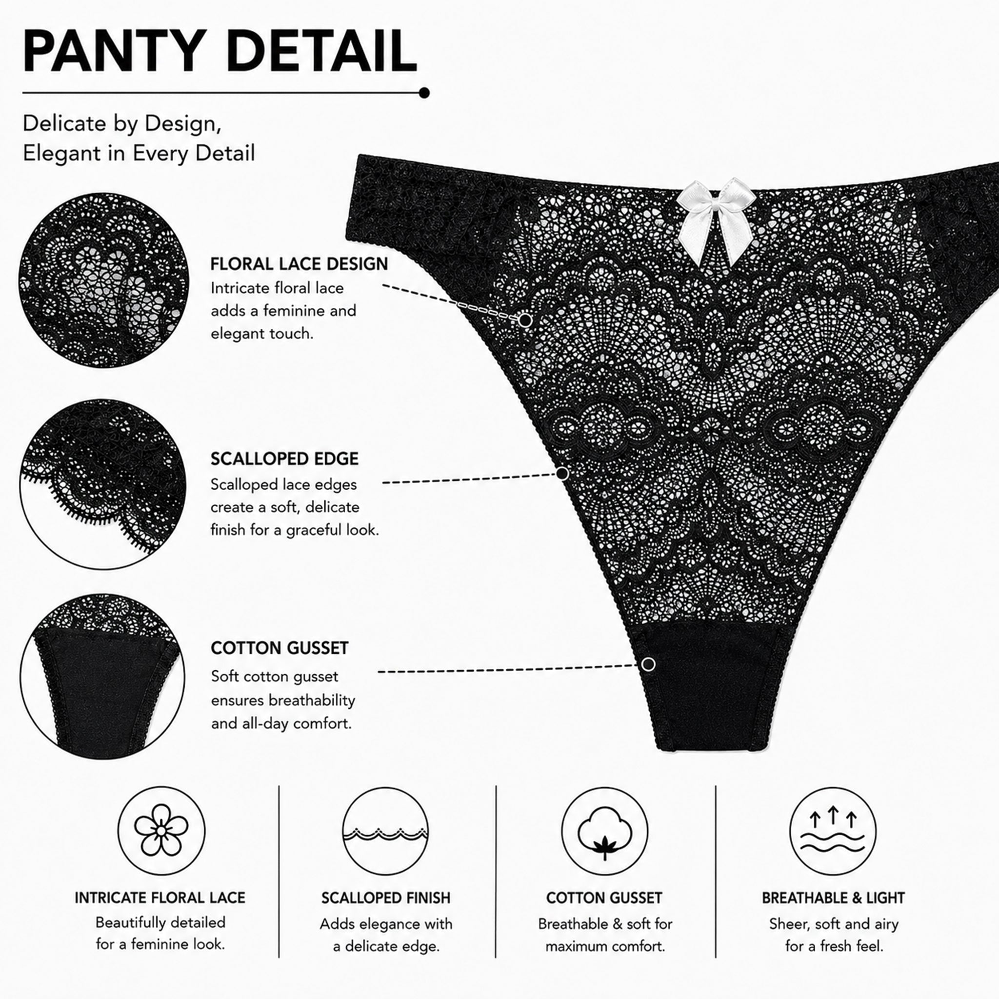 Women’s Self Design Lace Underwired Bra & Bikini Panty Lingerie Set –  Black & White
