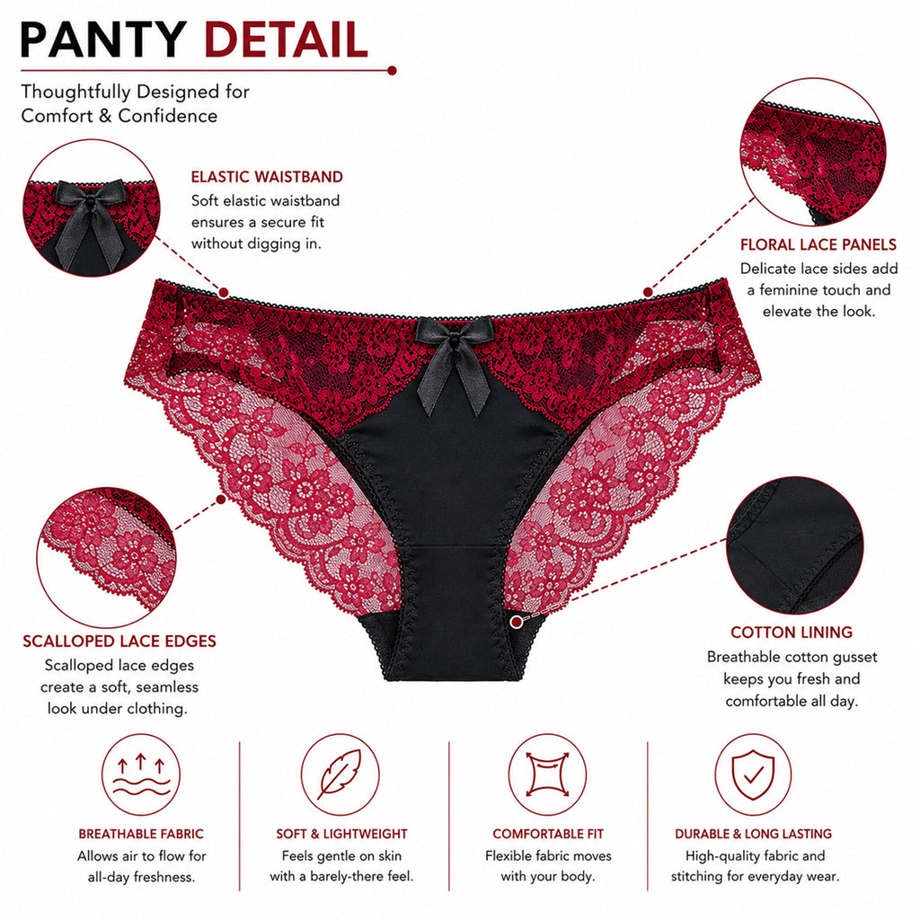 Women’s Lace Underwired Padded Bra & High-Cut Panty Lingerie Set – Red & Black