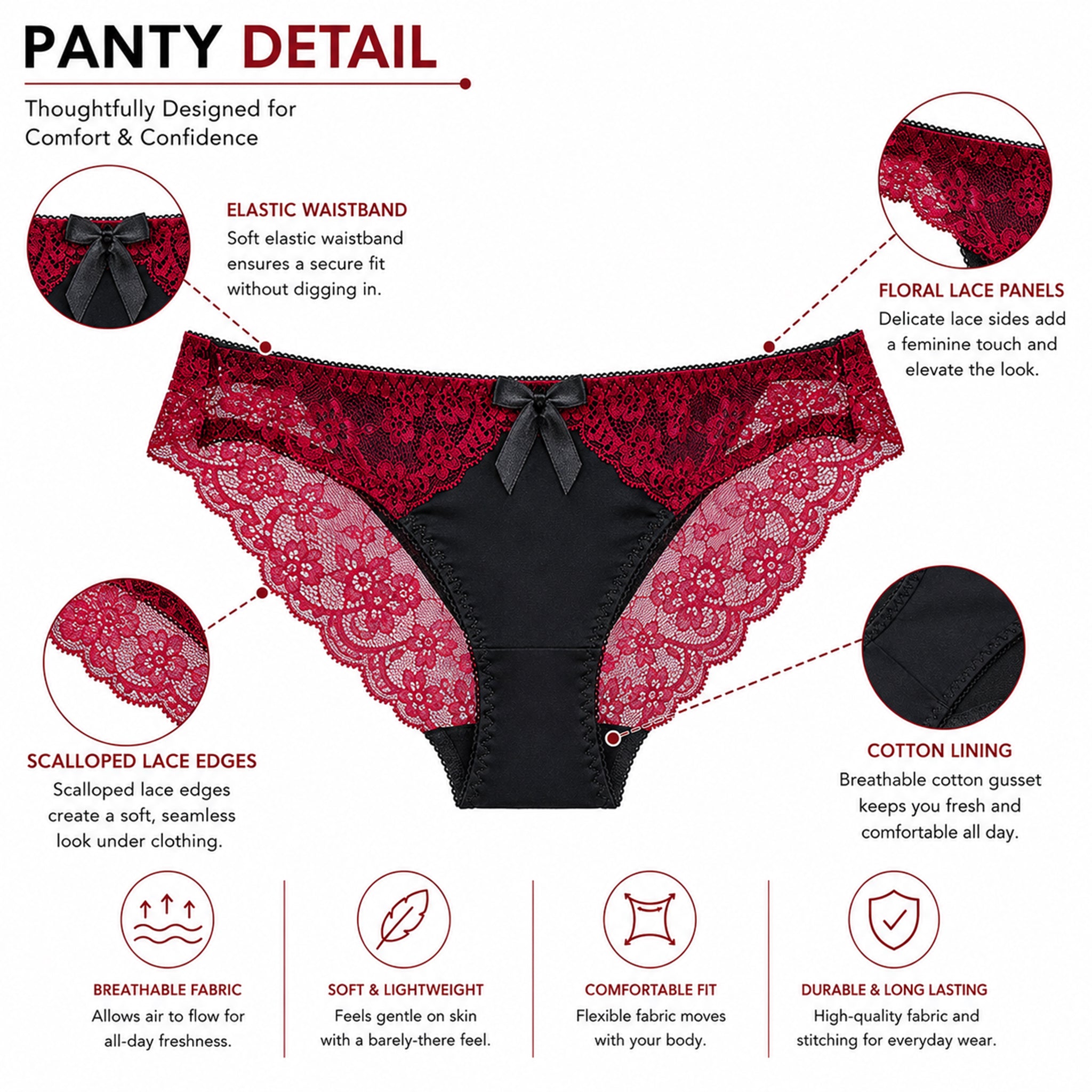 Women’s Lace Underwired Padded Bra & High-Cut Panty Lingerie Set – Red & Black