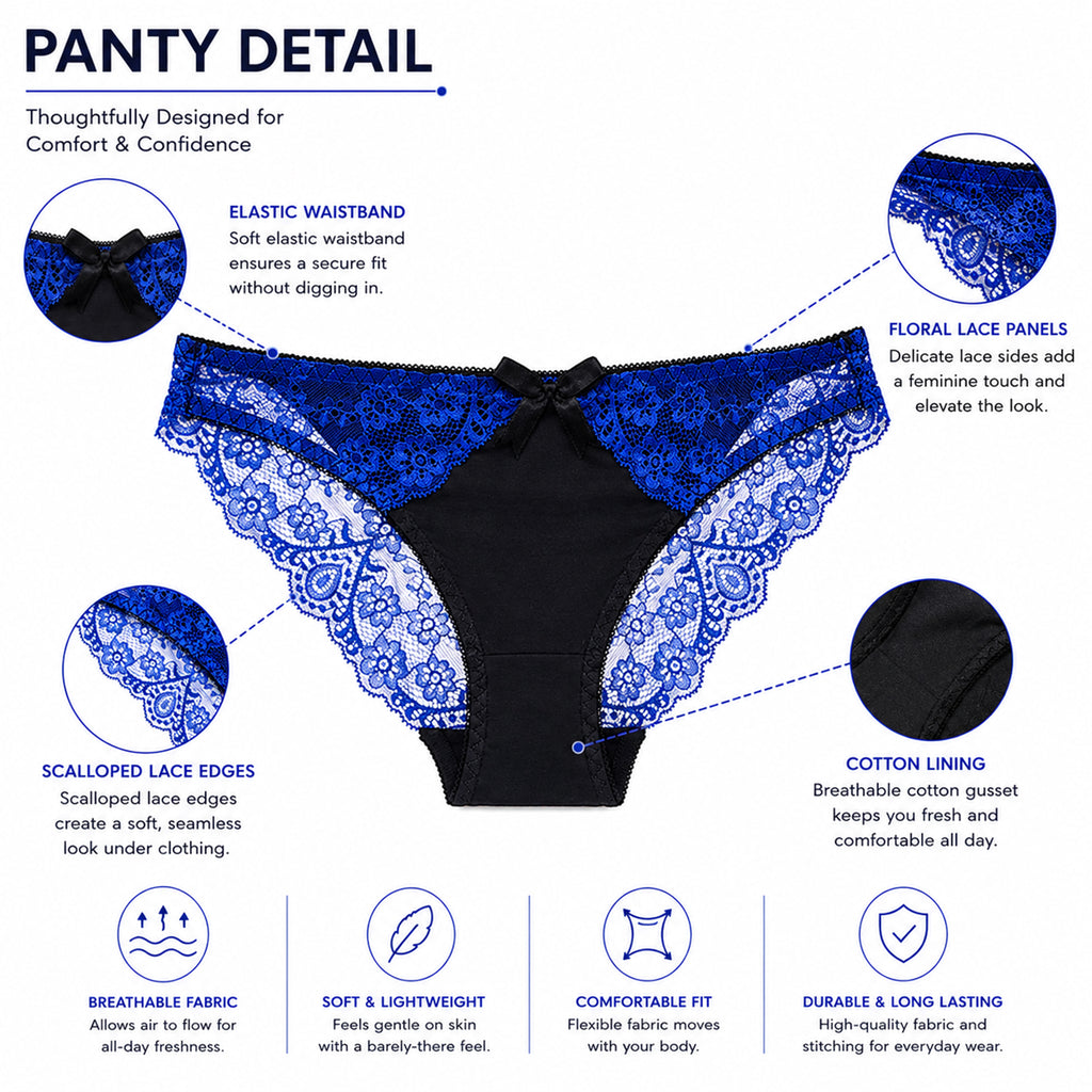 Women’s Lace Underwired Padded Bra & High-Cut Panty Lingerie Set – Blue & Black