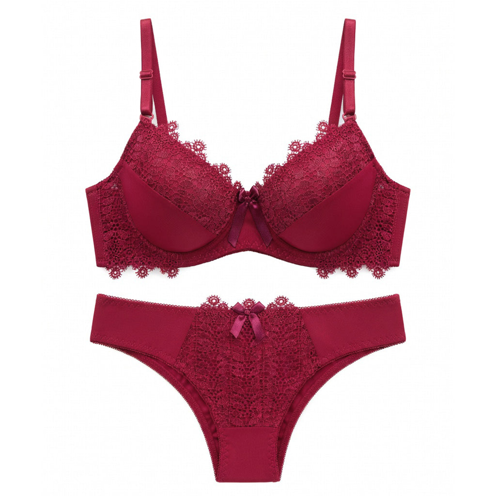 Women’s Full Coverage Heavily Padded Lace Bra & Panty Lingerie Set – Rose Red