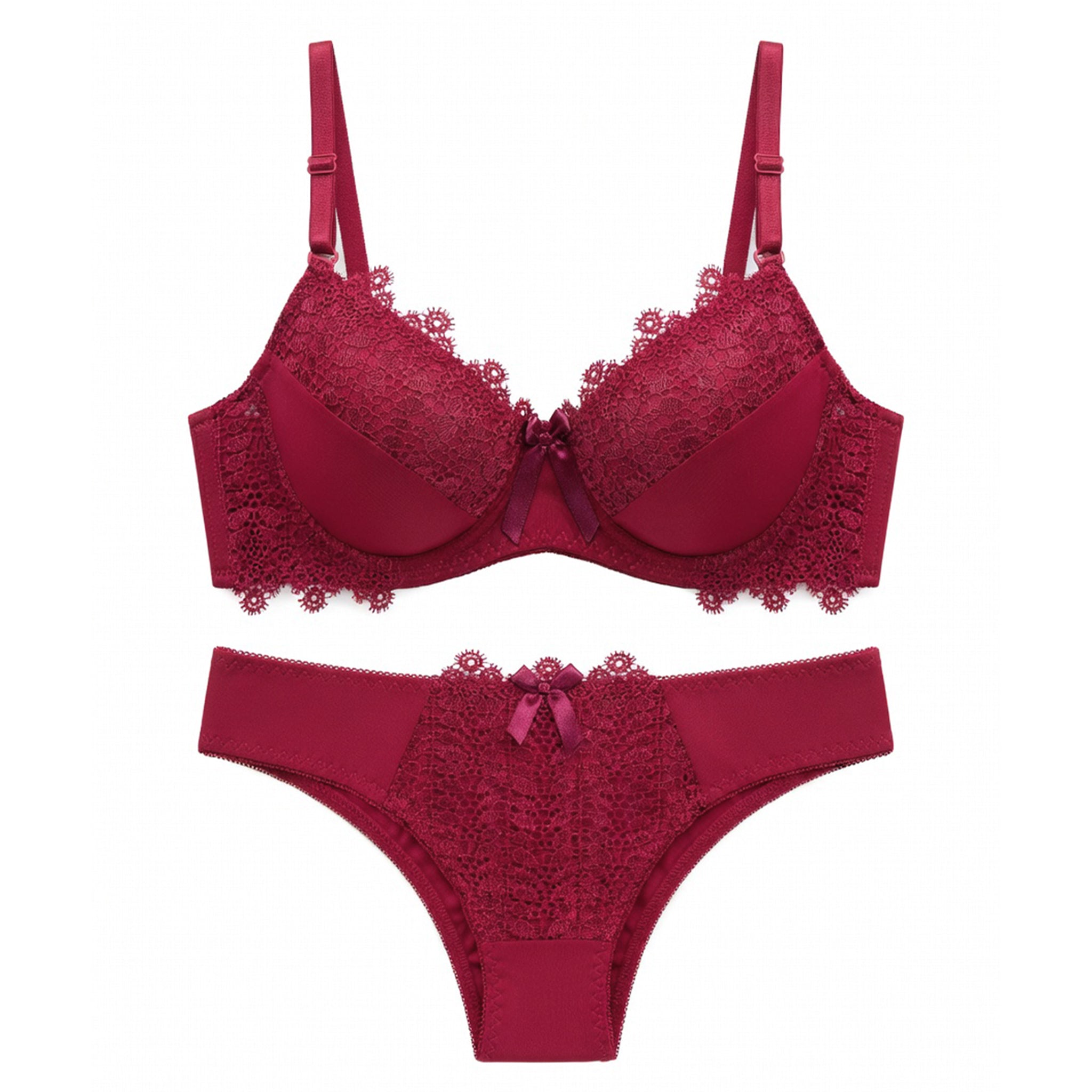 Women’s Full Coverage Heavily Padded Lace Bra & Panty Lingerie Set – Rose Red