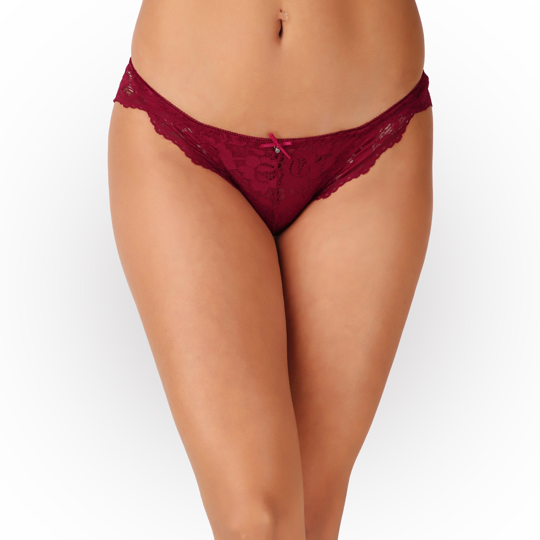 Women's Burgundy Floral Lace Padded Underwired Bra & Panty Lingerie Set