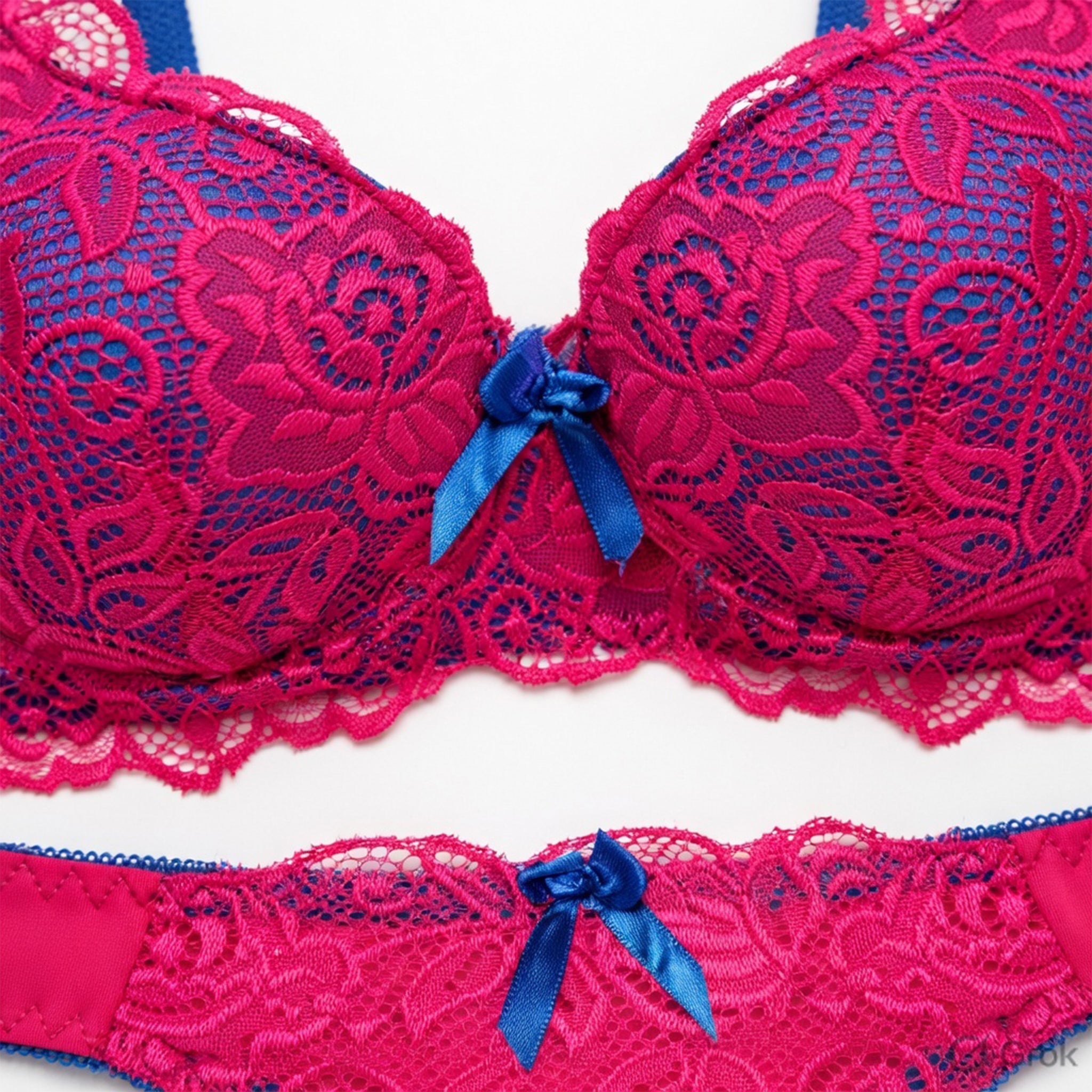 Women's Floral Lace Heavy Padded Underwired Bra & Thong Lingerie Set - Red & Blue