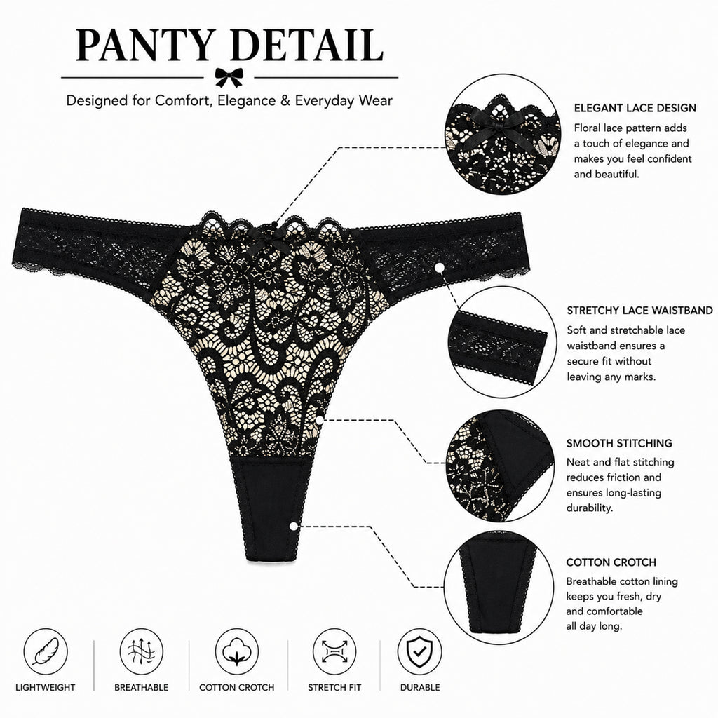 Women’s Floral Lace Underwired Padded Bra & Panty Lingerie Set – Black