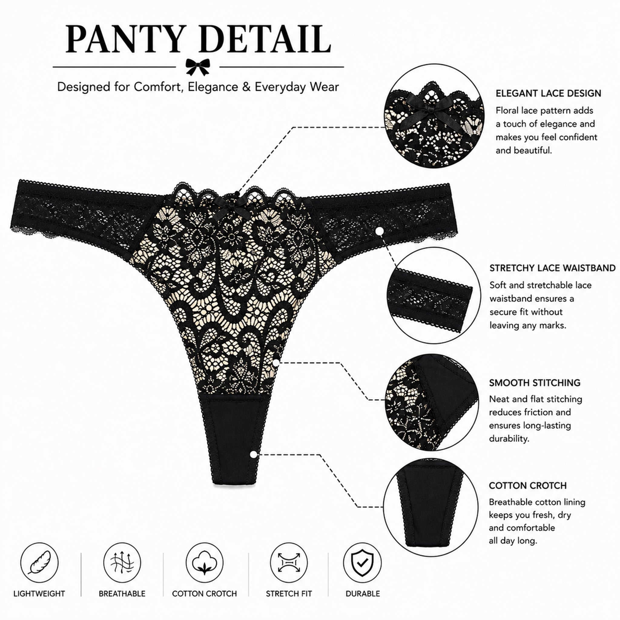 Women’s Floral Lace Underwired Padded Bra & Panty Lingerie Set – Black