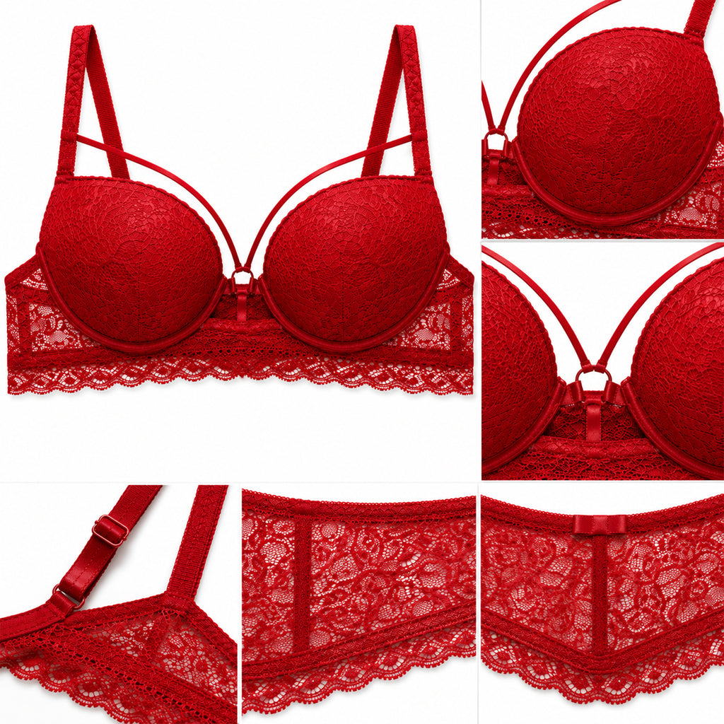 Women’s Lace Underwired Padded Bra & High-Waist Panty Lingerie Set – Red