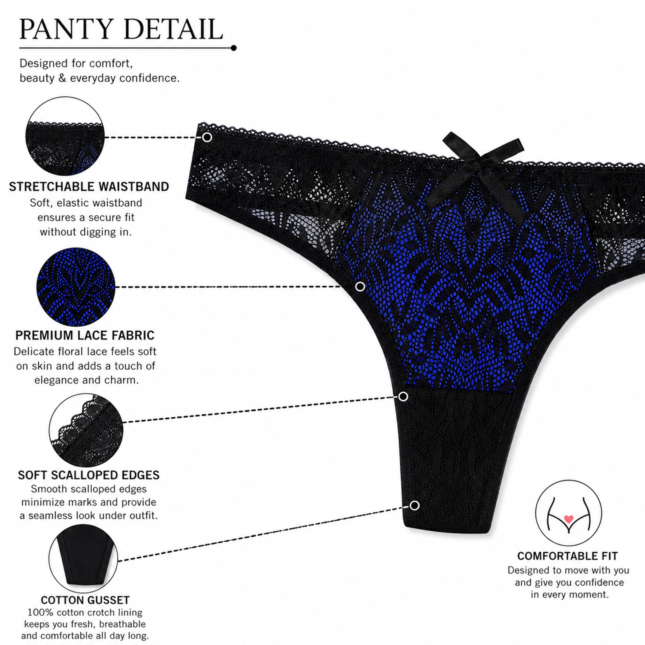 Women's Black & Royal Blue Floral Lace Padded Underwired Bra & Thong Lingerie Set