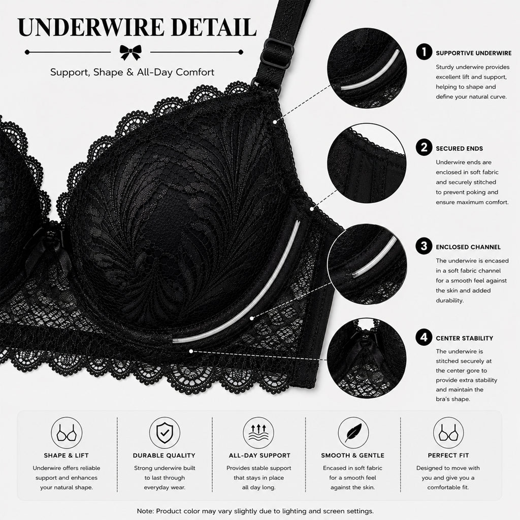 Women's Black Floral Lace Lightly Padded Underwired Bra & Panty Lingerie Set