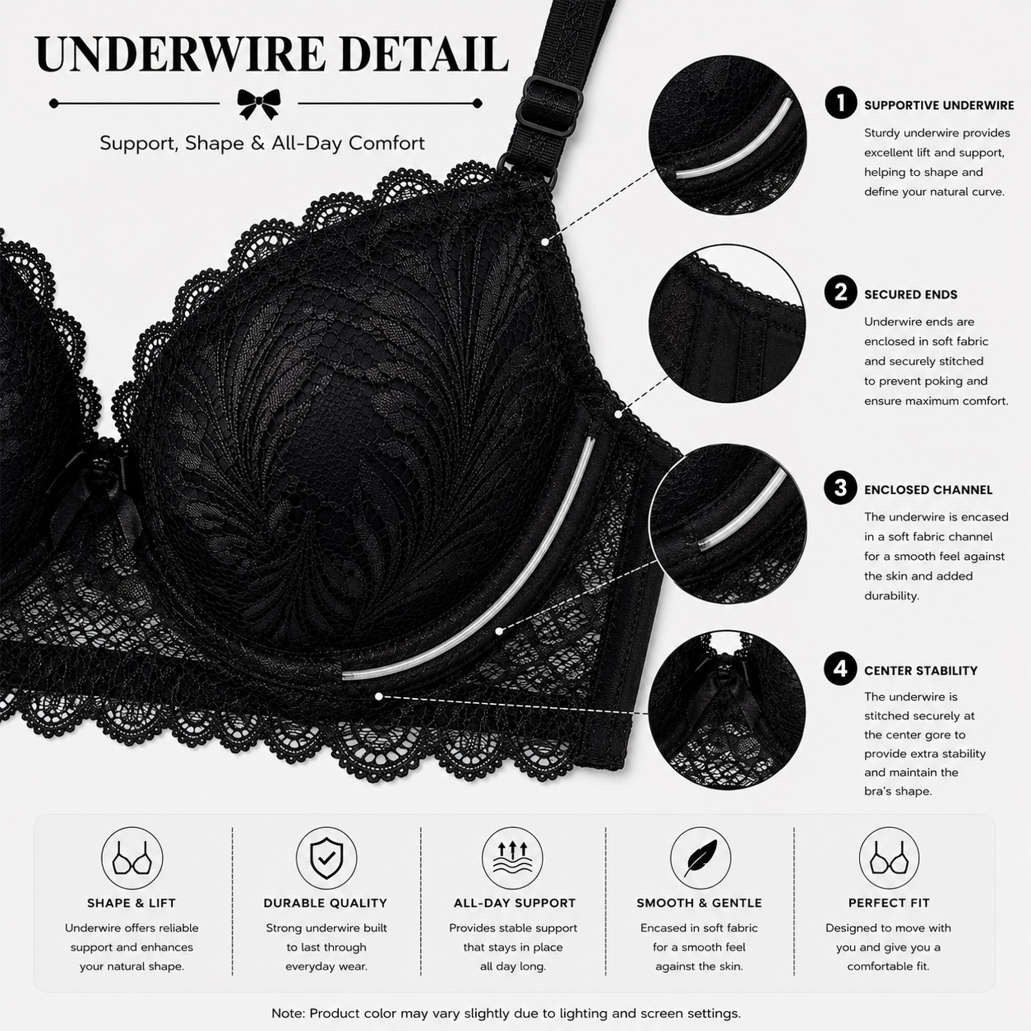 Women's Black Floral Lace Lightly Padded Underwired Bra & Panty Lingerie Set