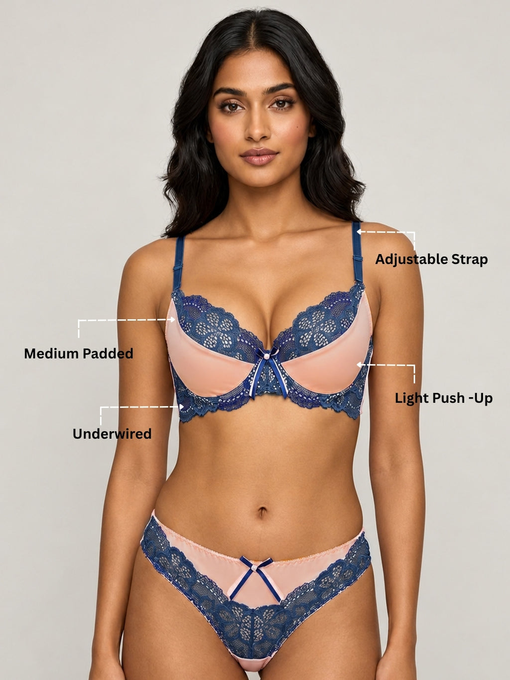 Women's Pink & Navy Blue Lace Underwired Heavily Padded Bra & Panty Set
