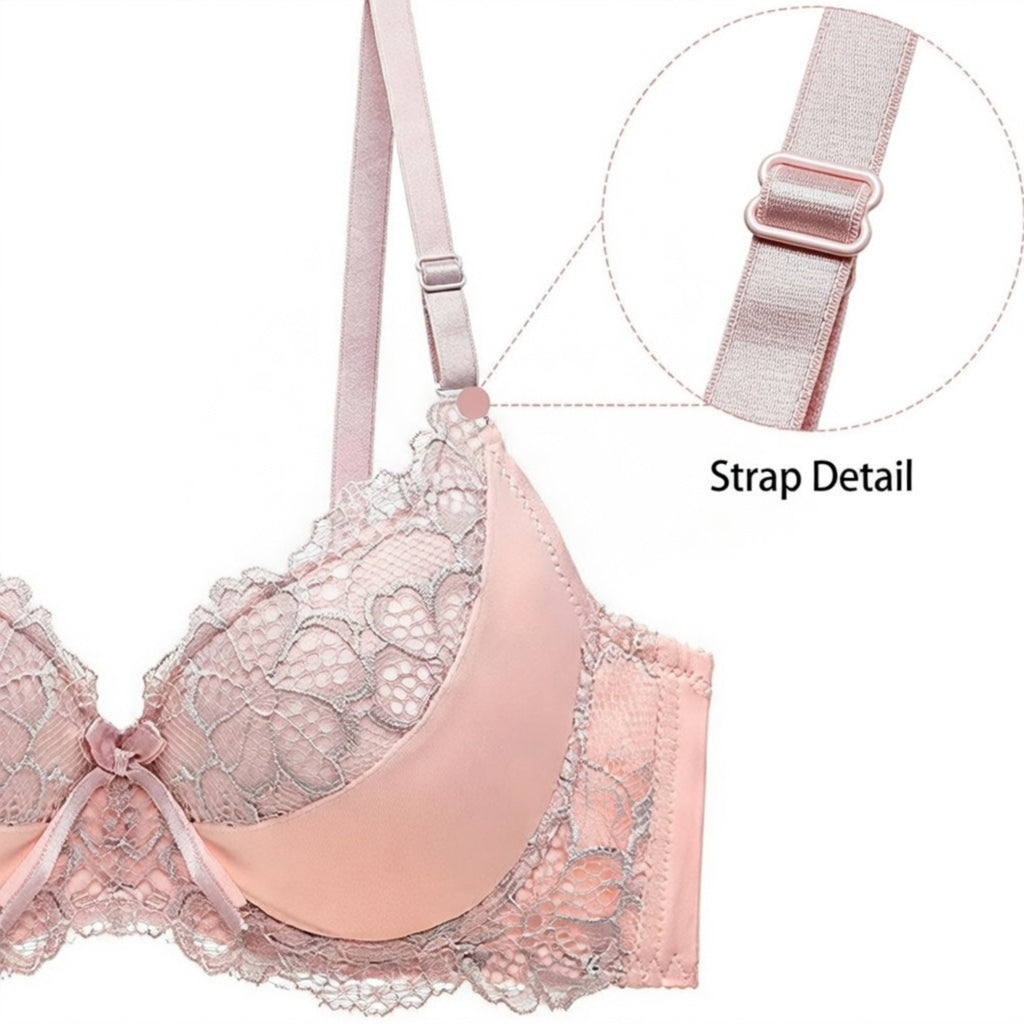 Women's Pink Floral Print Lace Padded Underwired Bra with Comfortable Full Coverage